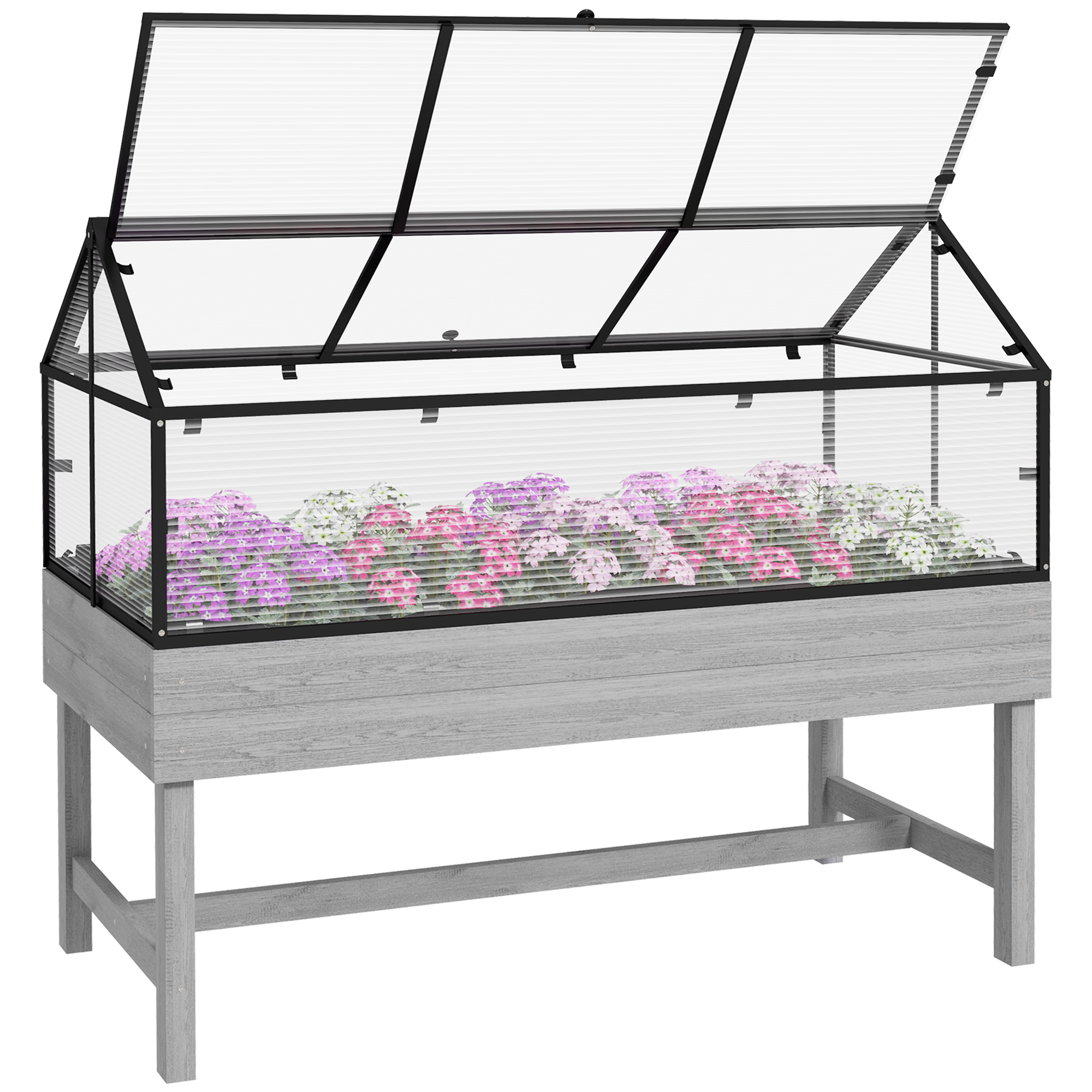 Elevated Wood Planter with Mini Greenhouse Raised Garden Bed with PC Panel Top Vent 120 x 60 x 103cm Distressed Grey - Life Essentials