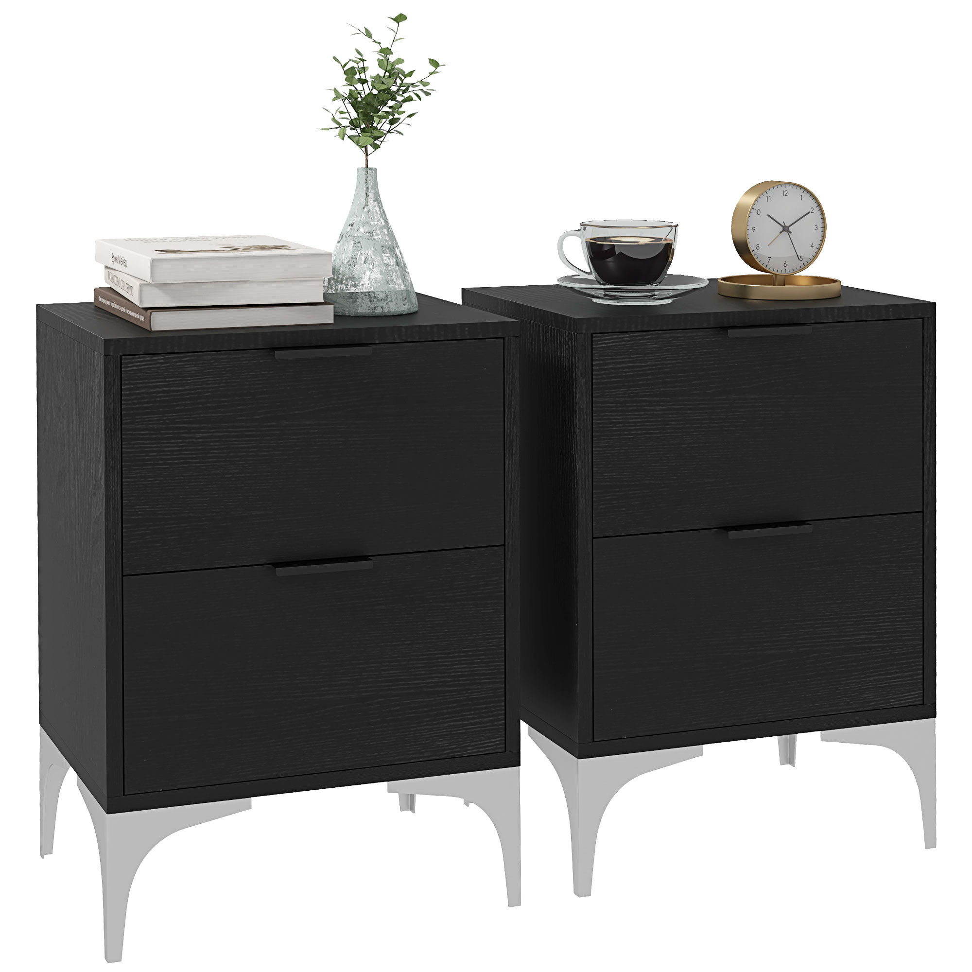 Scott Solid Steel Legs Set of 2 Bedside Tables with 2 Drawers - Black - Life Essentials
