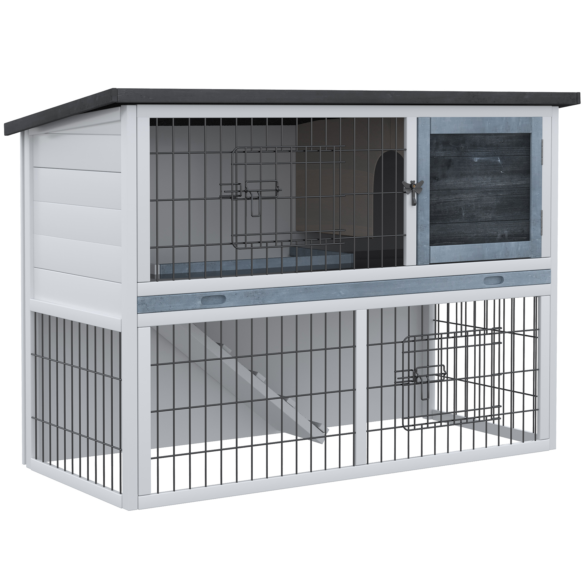Small Animal Two-Level Fir Wood Hutch w/ Slide Out Tray Grey - Life Essentials