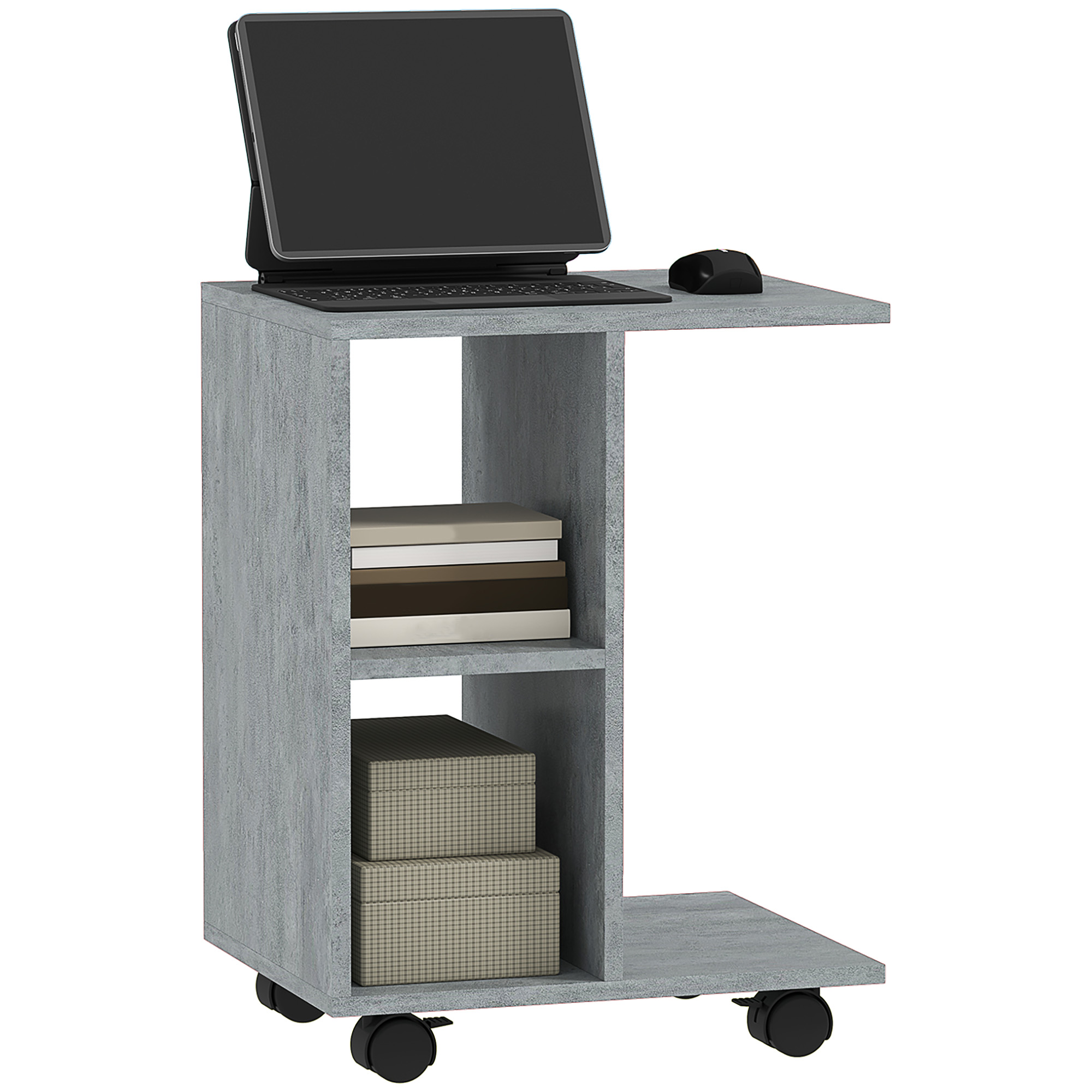 HERON C-Shape End Table Unique Storage Unit w/ 2 Shelves 4 Wheels Freestanding Home Office Furniture Cabinet Square Studio Grey - Life Essentials
