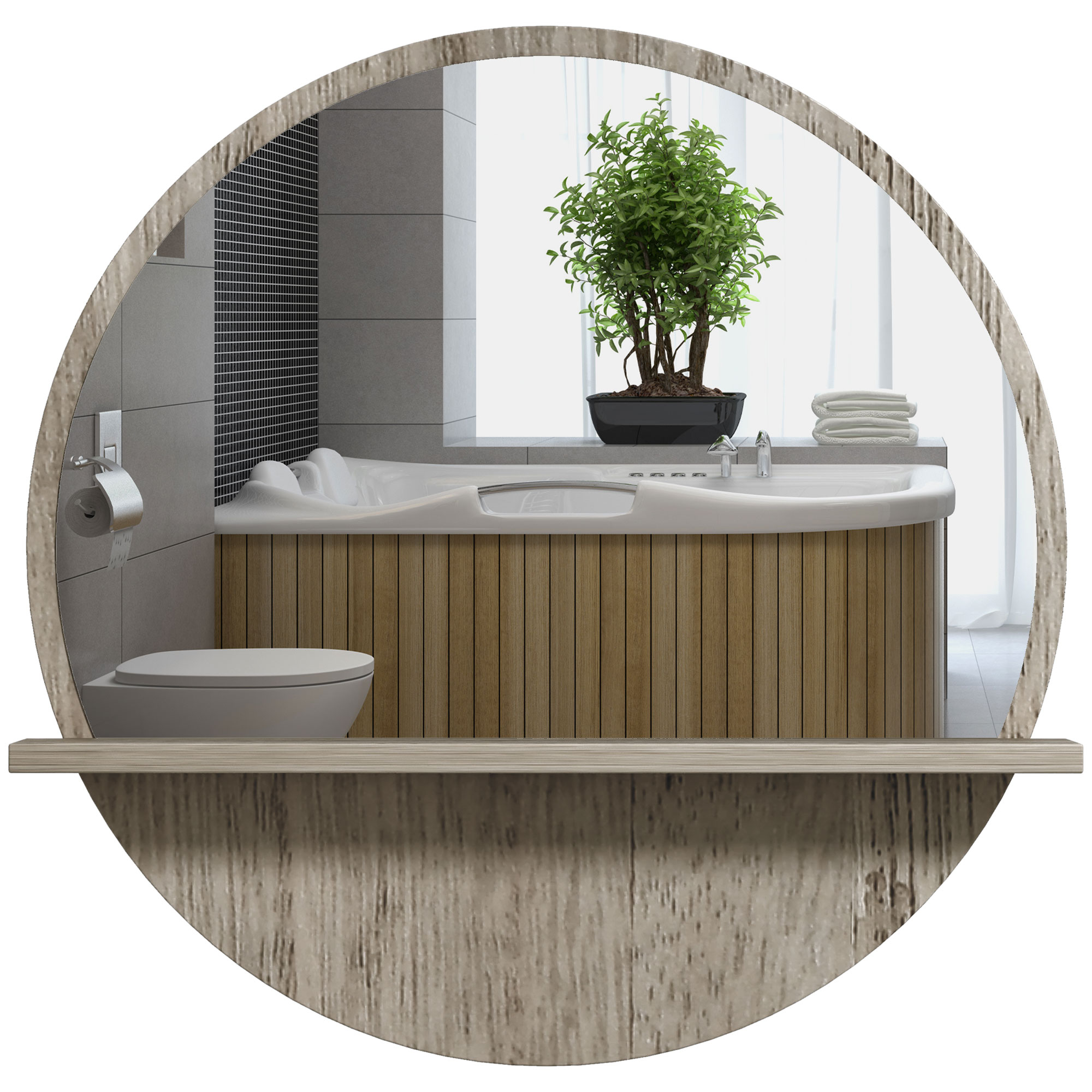 Kleankin Round Home Mirror with Shelf - Grey Wood Effect - Life Essentials