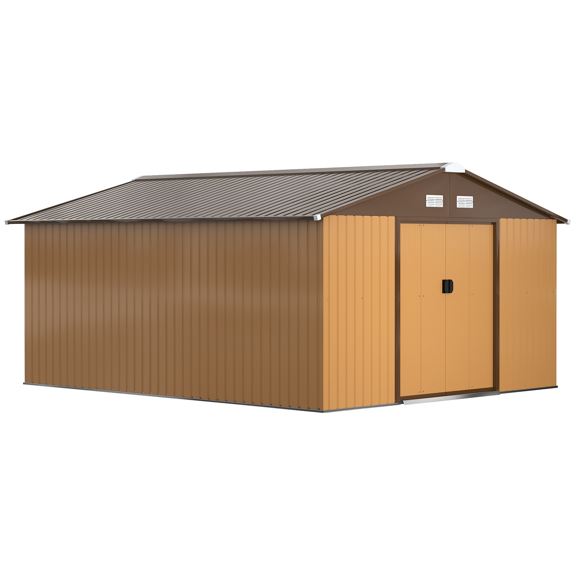 13 x 11 ft Metal Garden Shed Large Patio Roofed Tool Storage Box with Foundation Ventilation and Sliding Doors, Yellow - Life Essentials