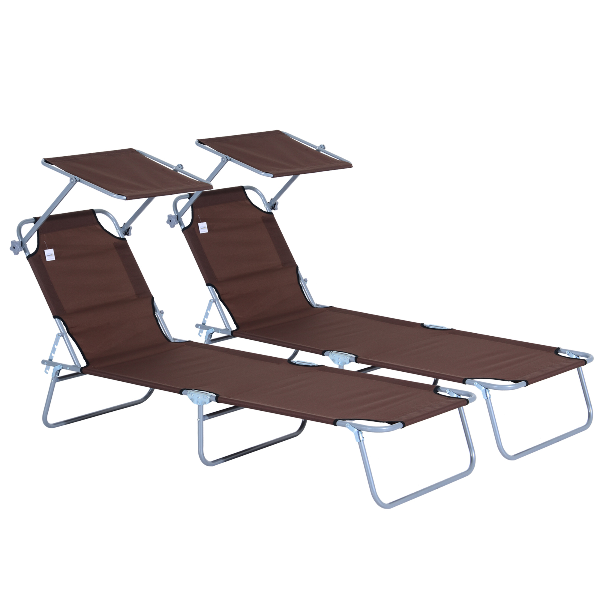 2 Pcs Outdoor Foldable Sun Lounger Set w/ Removeable Shade Canopy, Patio Recliner Sun Lounger w/ Adjustable Backrest w/ Mesh Fabric, Brown - Life 