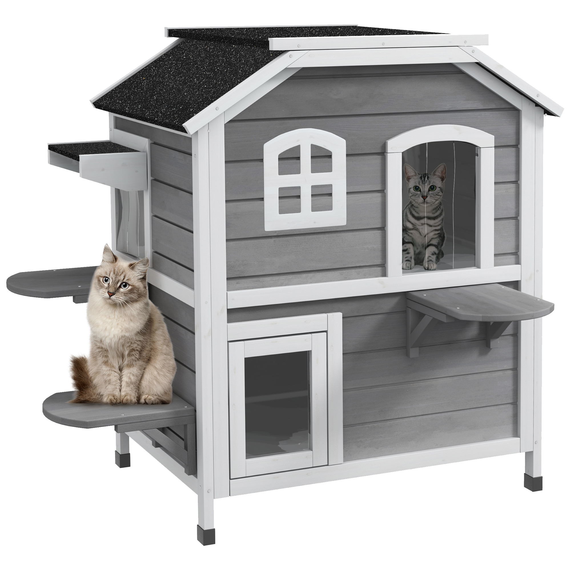 Solid Wood Cat Condos Pet House Water Proof Outdoor 2-Floor Villa, Grey - Life Essentials