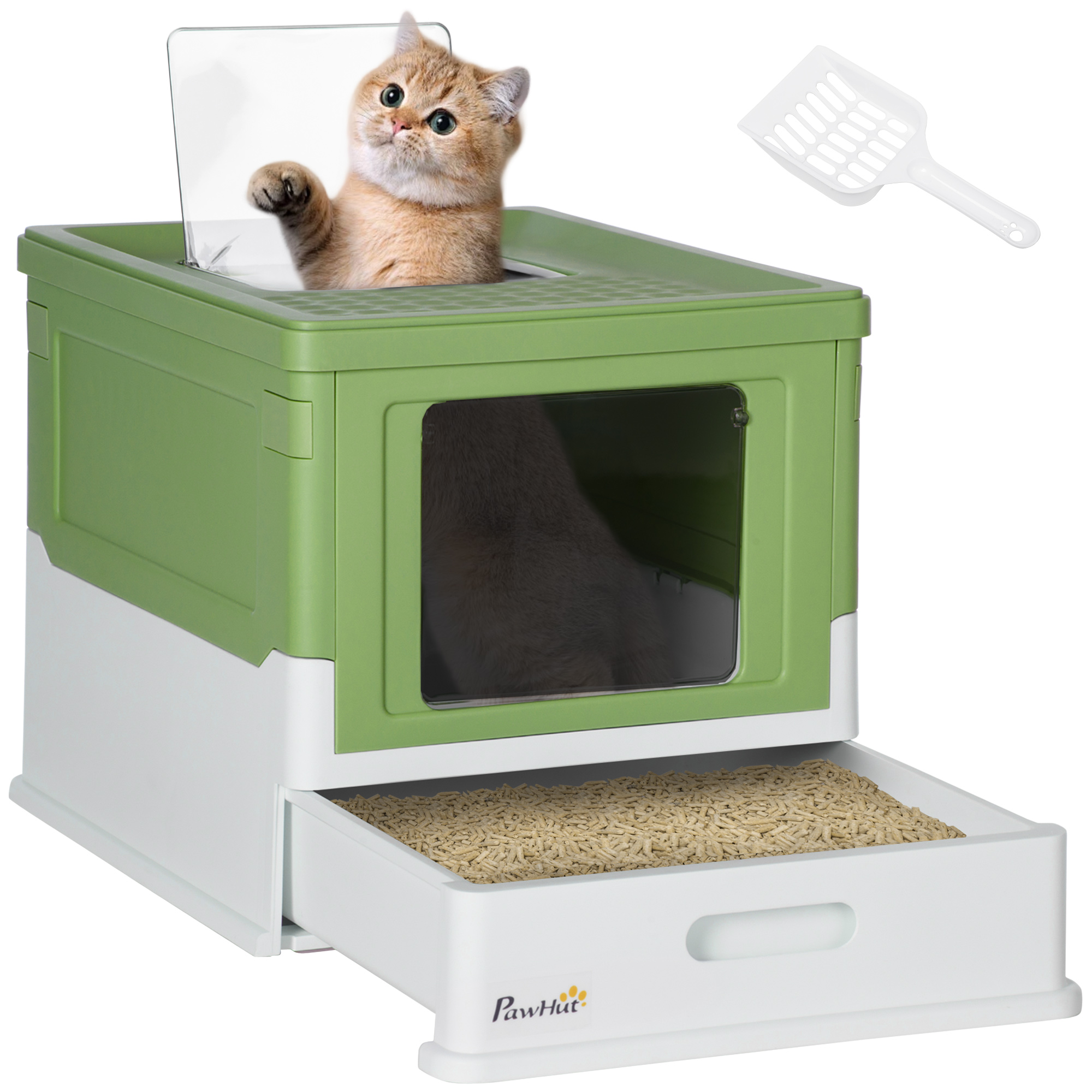 Shelley Hooded Cat Litter Box Portable Pet Toilet with Scoop Front Entry - Emerald Green - Life Essentials