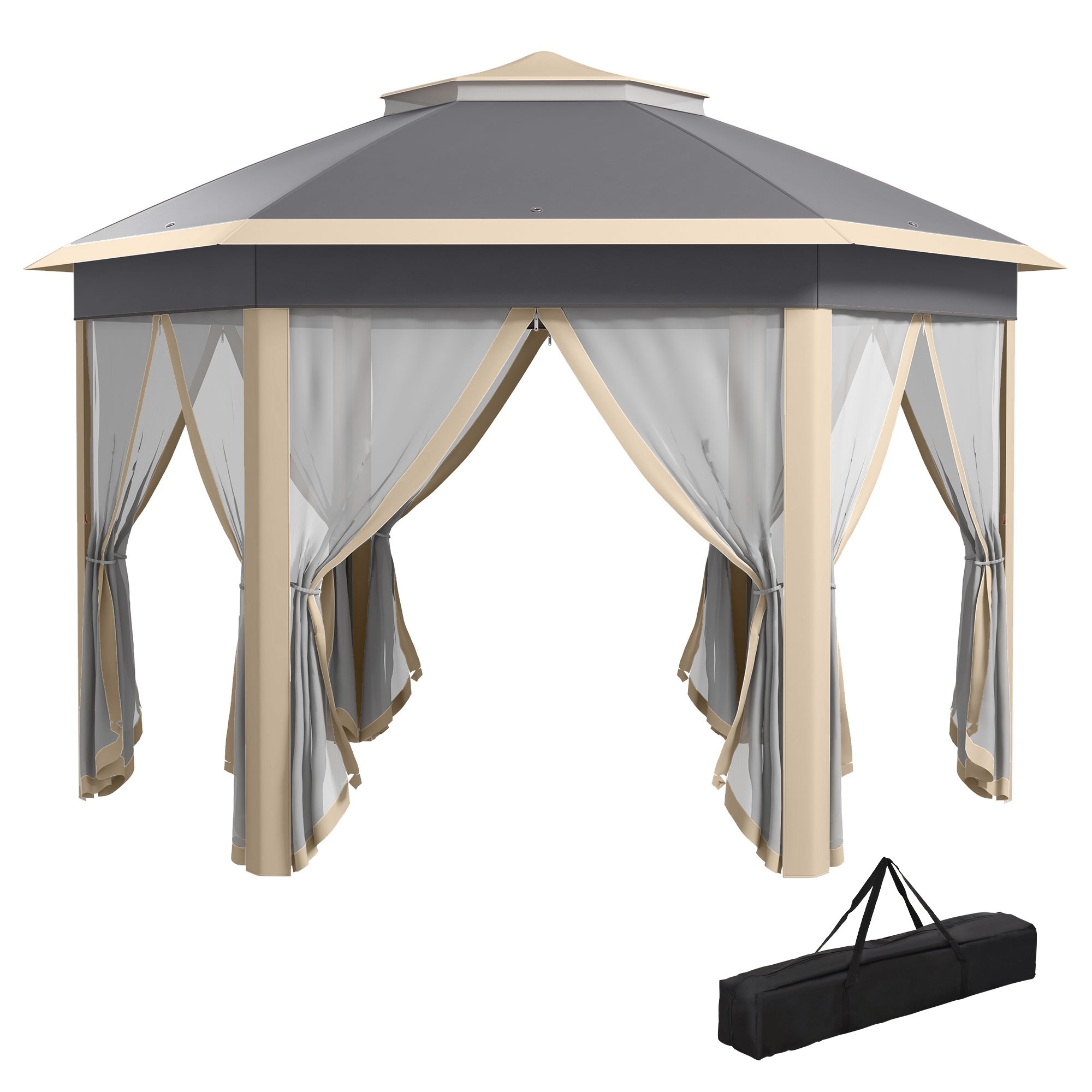 Hexagon Pop Up Gazebo Outdoor Patio Gazebo Double Roof Instant Shelter with Netting, 3 x 4m, Khaki - Life Essentials