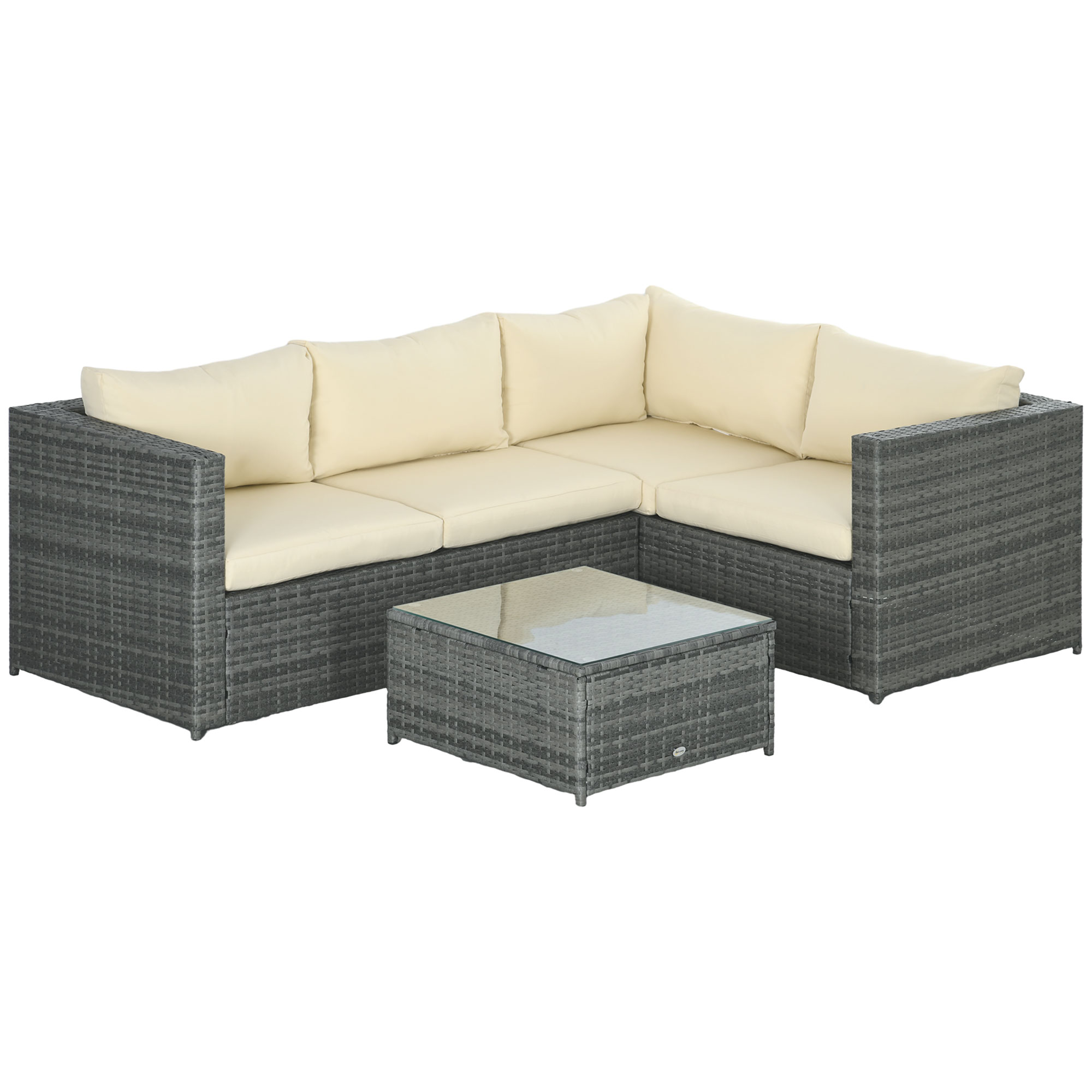 3Pcs Rattan Garden Furniture 4 Seater Outdoor Patio Corner Sofa Chair Set with Coffee Table Thick Cushions, Beige - Life Essentials