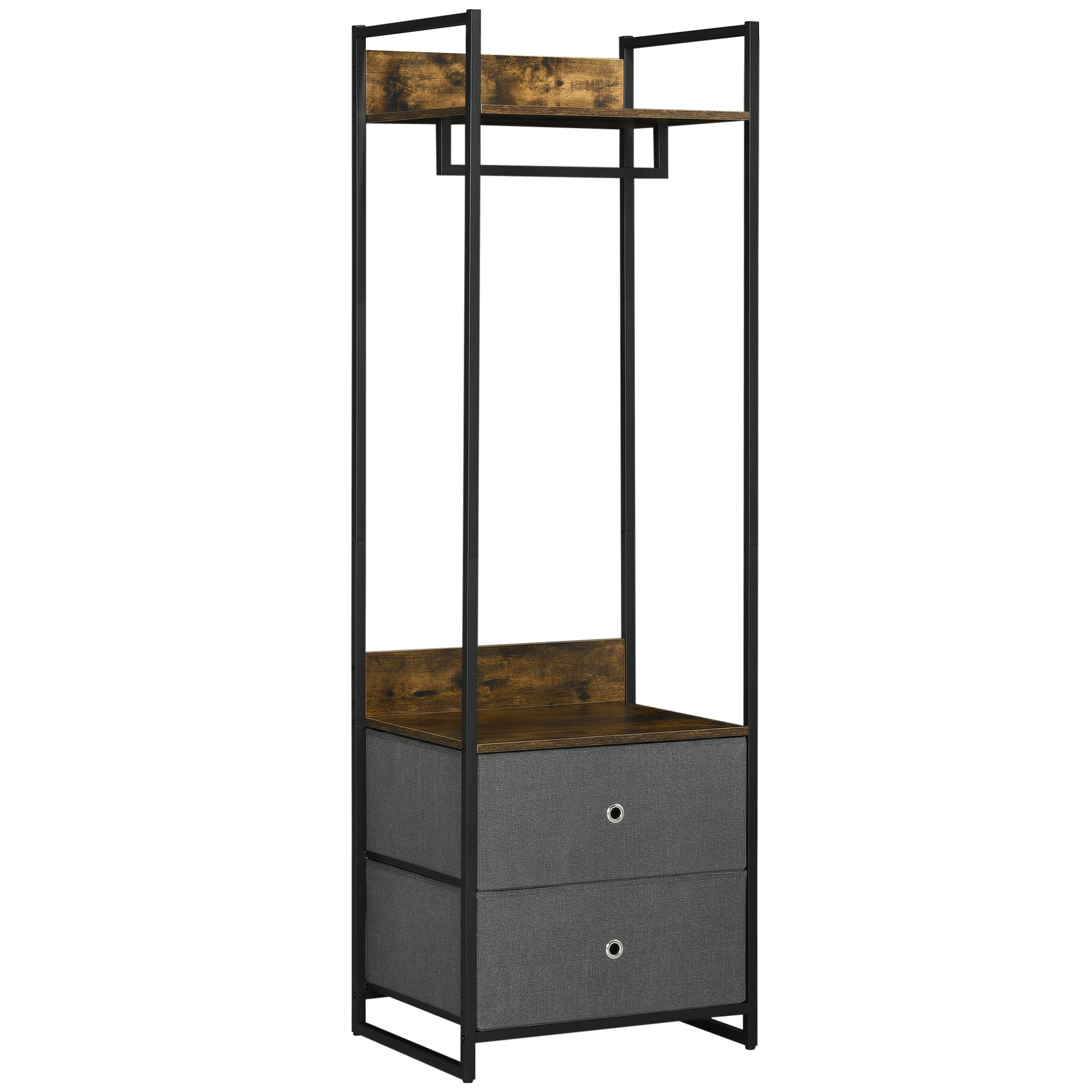 Clothes Rail, Metal Coat Stand, Garment Rack with 2 Fabric Storage Drawers, Single Wardrobe for Bedroom, Hallway, Rustic Brown and Grey - Life 