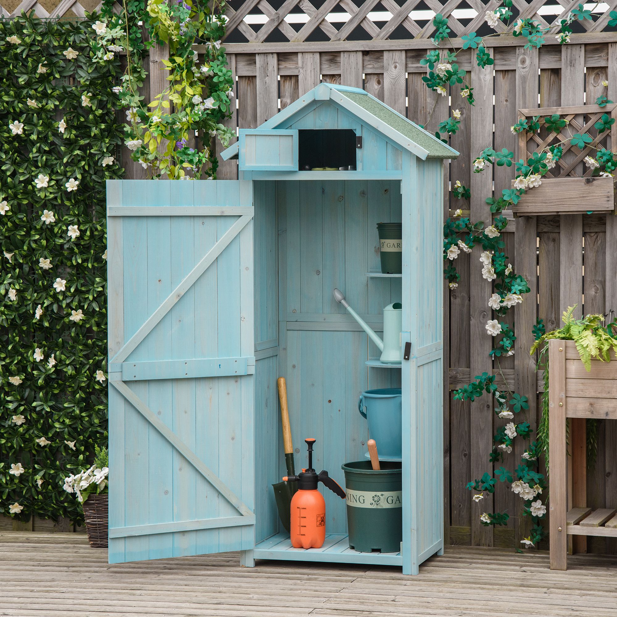 Garden Shed Vertical Utility 3 Shelves Shed Wood Outdoor Garden Tool Storage Unit Storage Cabinet, 77 x 54.2 x 179cm - Blue - Life Essentials