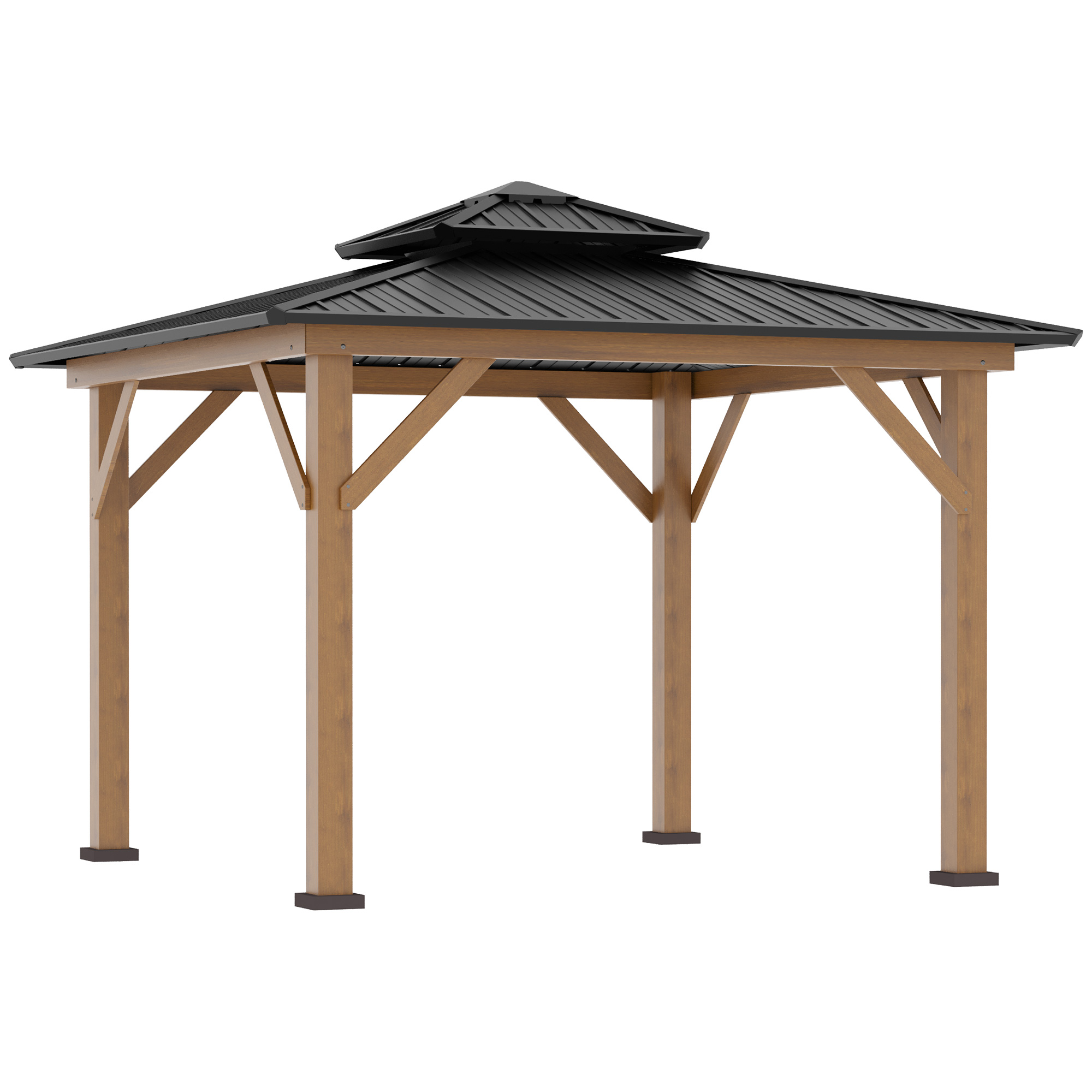 3.5 x 3.5m Outdoor Aluminium Hardtop Gazebo Canopy with 2-Tier Roof and Solid Wood Frame Outdoor Patio Shelter for Patio, Garden, Grey - Life 