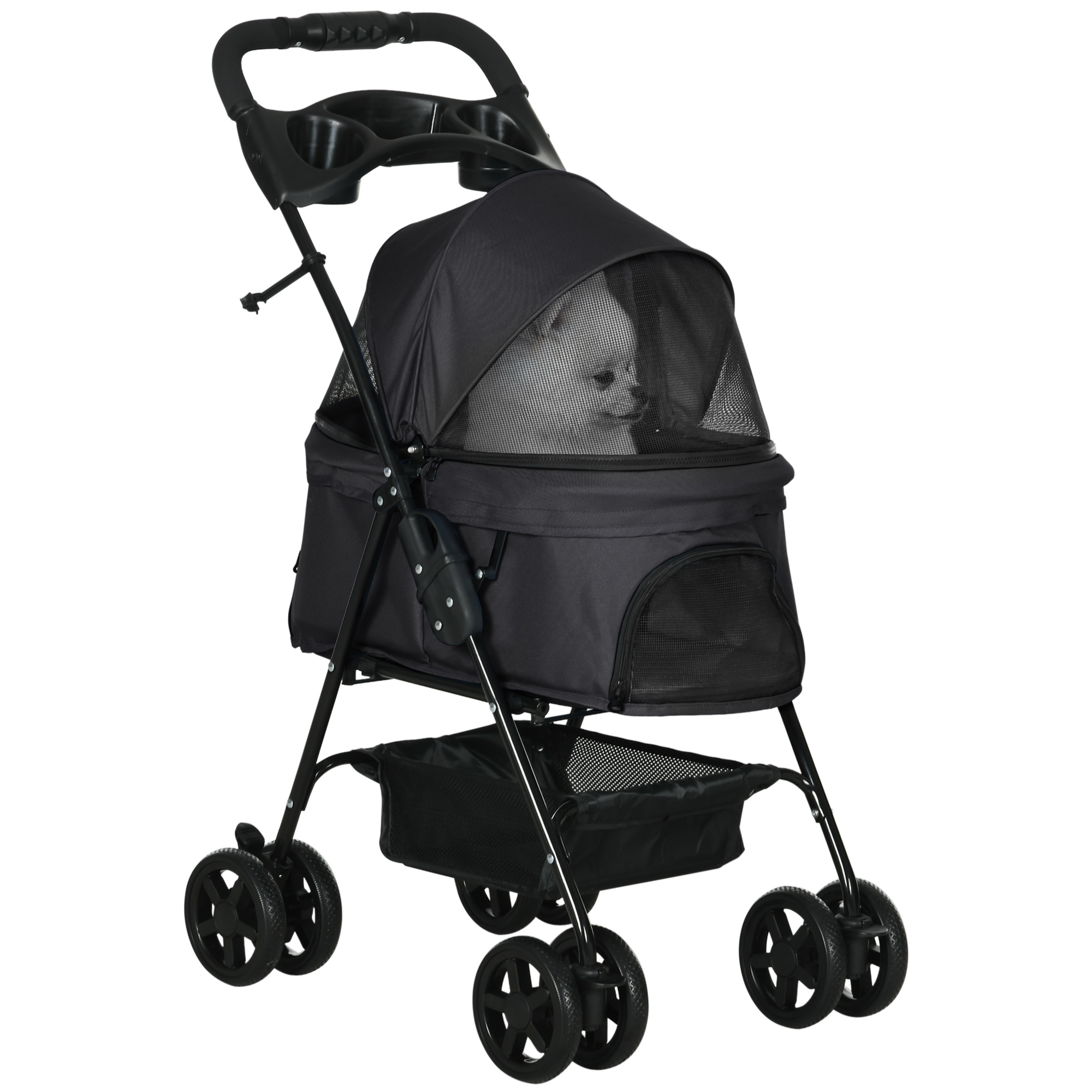 Shelley Foldable Pet Stroller with Adjustable Canopy and Cup Holder - Black - Life Essentials