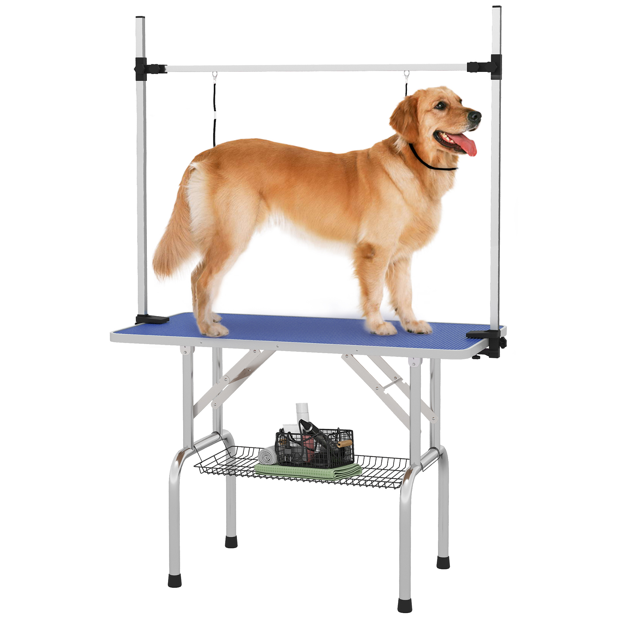 Adjustable Dog Grooming Table Rubber Top 2 Safety Slings Mesh Storage Basket Heavy Metal Blue 107 x 60 x 170cm - Life Essentials