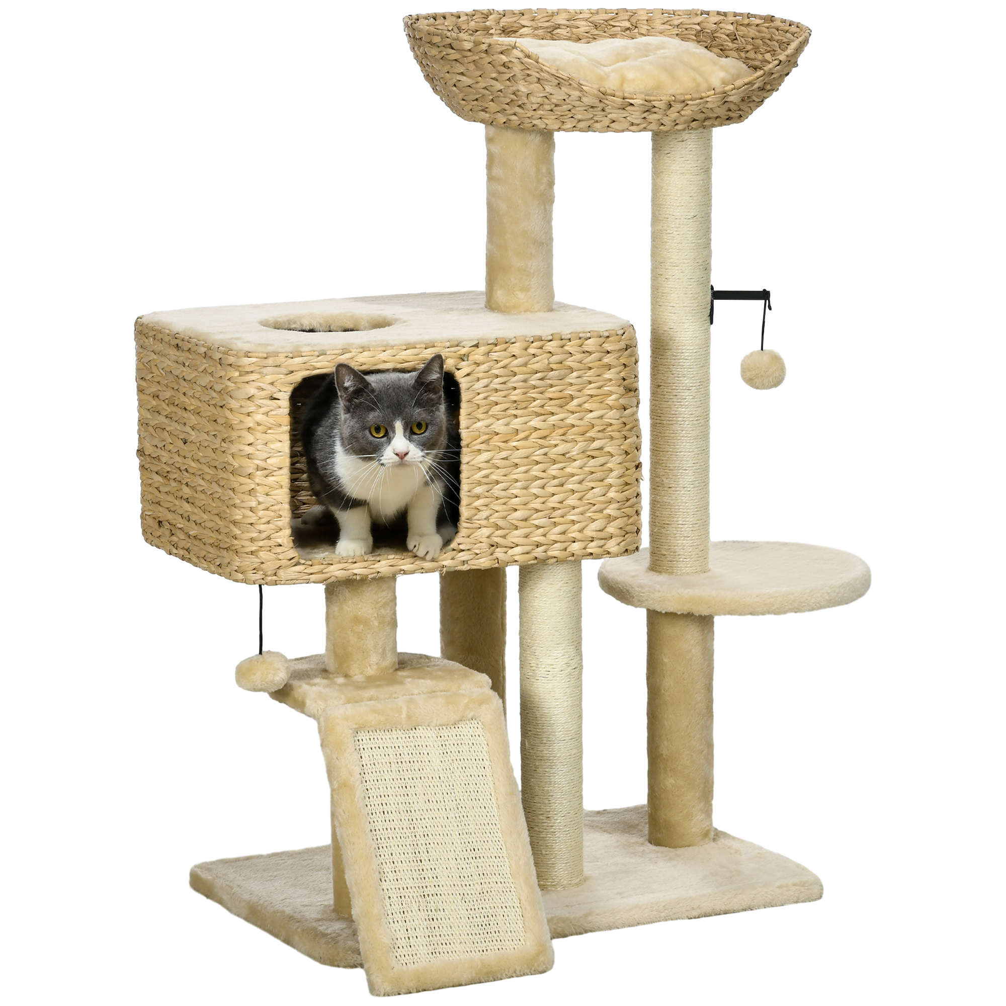95cm Cat Tree Tower for Indoor Cats, with Scratching Post, Cat House, Toy Ball, Platform - Beige - Life Essentials