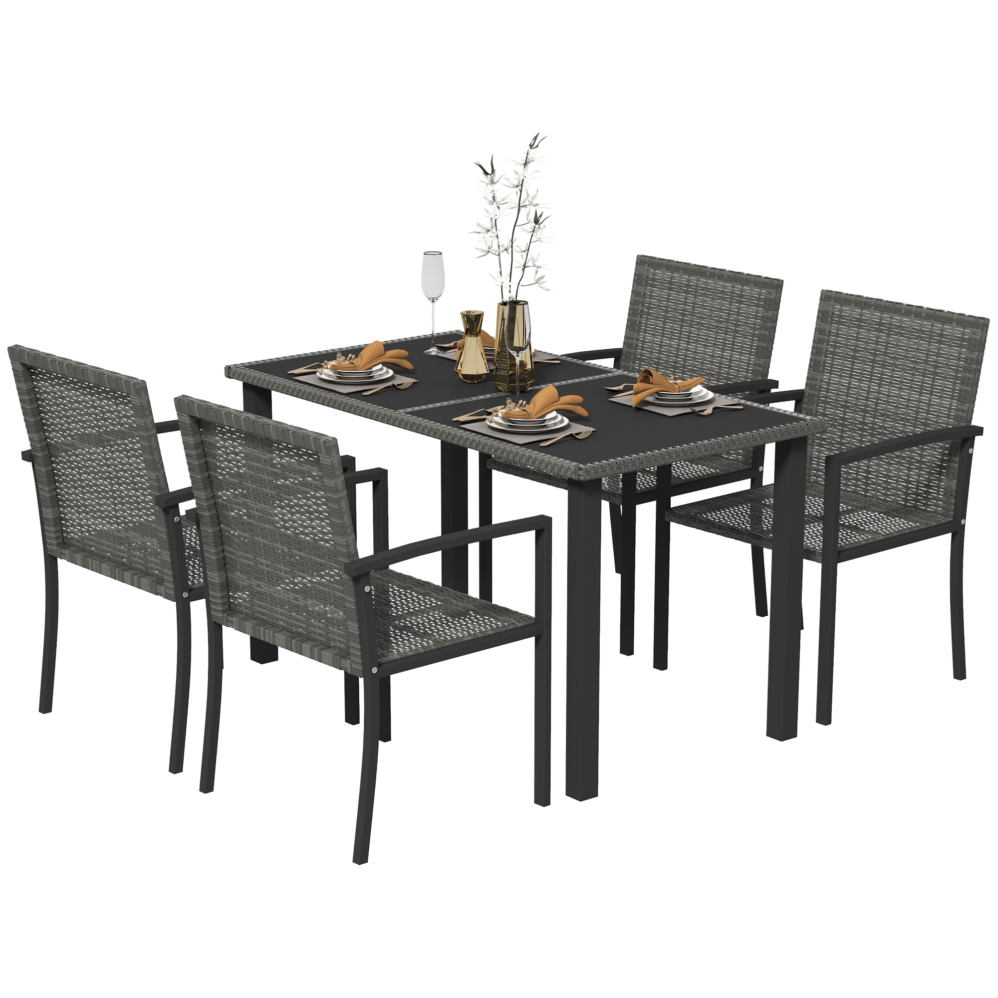 Outdoor Dining Set 5 Pieces Patio Conservatory with Tempered Glass Tabletop,4 Dining Chairs - Grey - Life Essentials