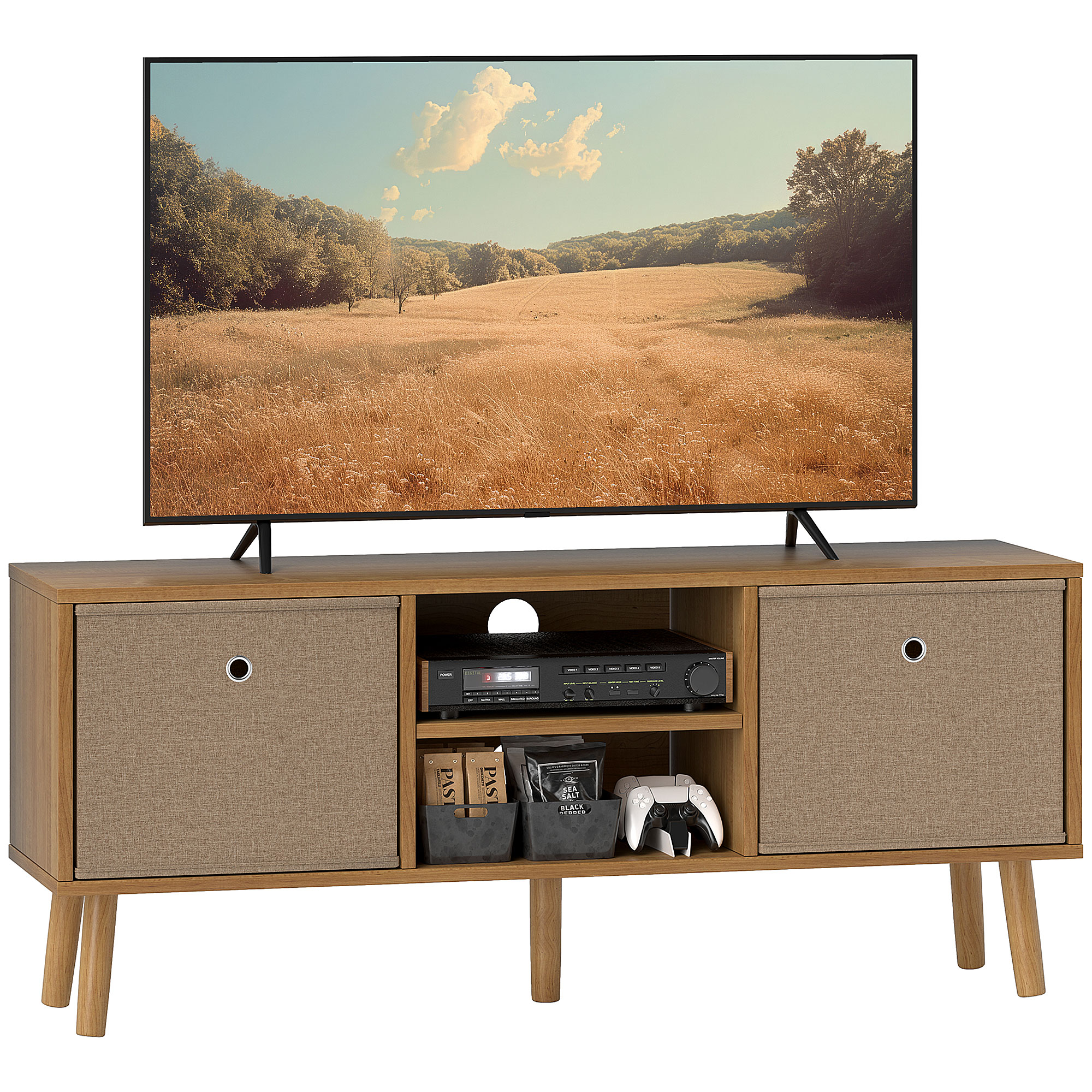 HERON TV Cabinet Stand Unit for TVs up to 50'' with Foldable Drawers, Entertainment Centre for Living Room Brown - Life Essentials