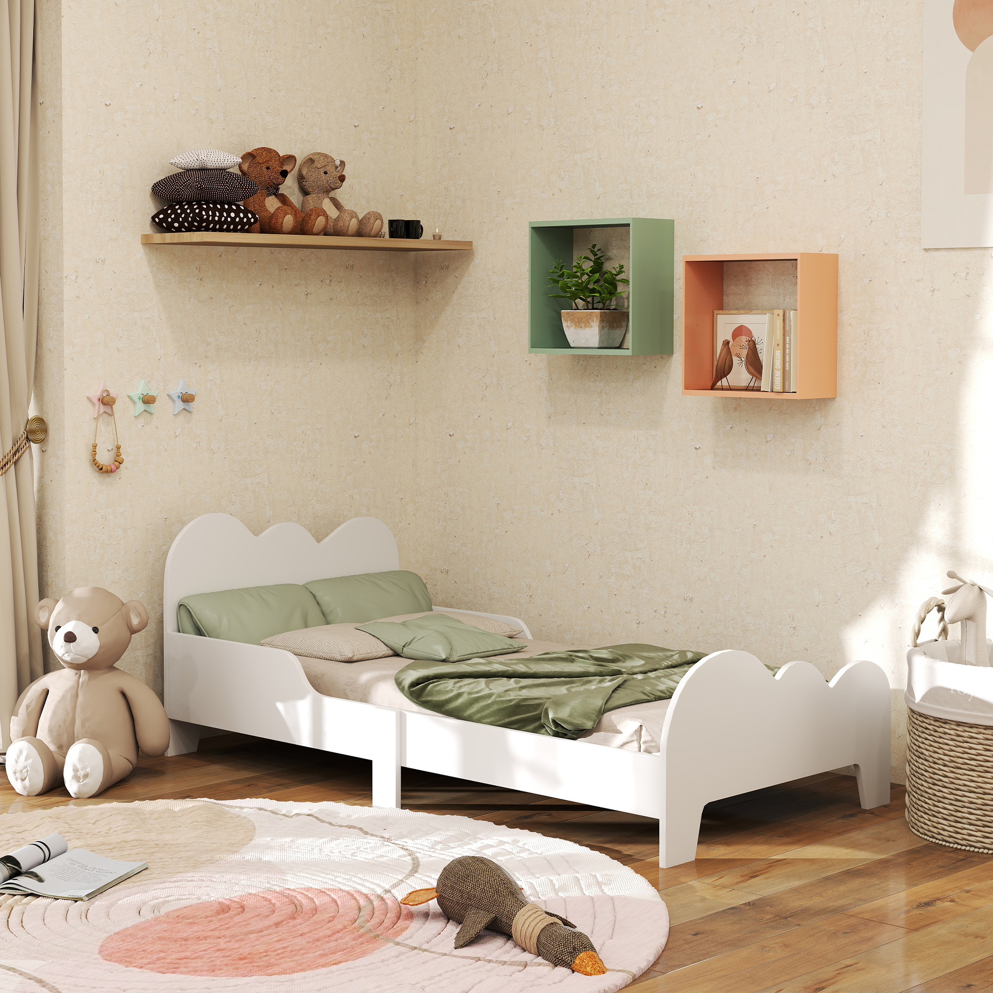 AIVAGO Cloud-Themed Toddler Bed Frame with Safety Rails, 143.5 x 74.5 x 56cm - Life Essentials
