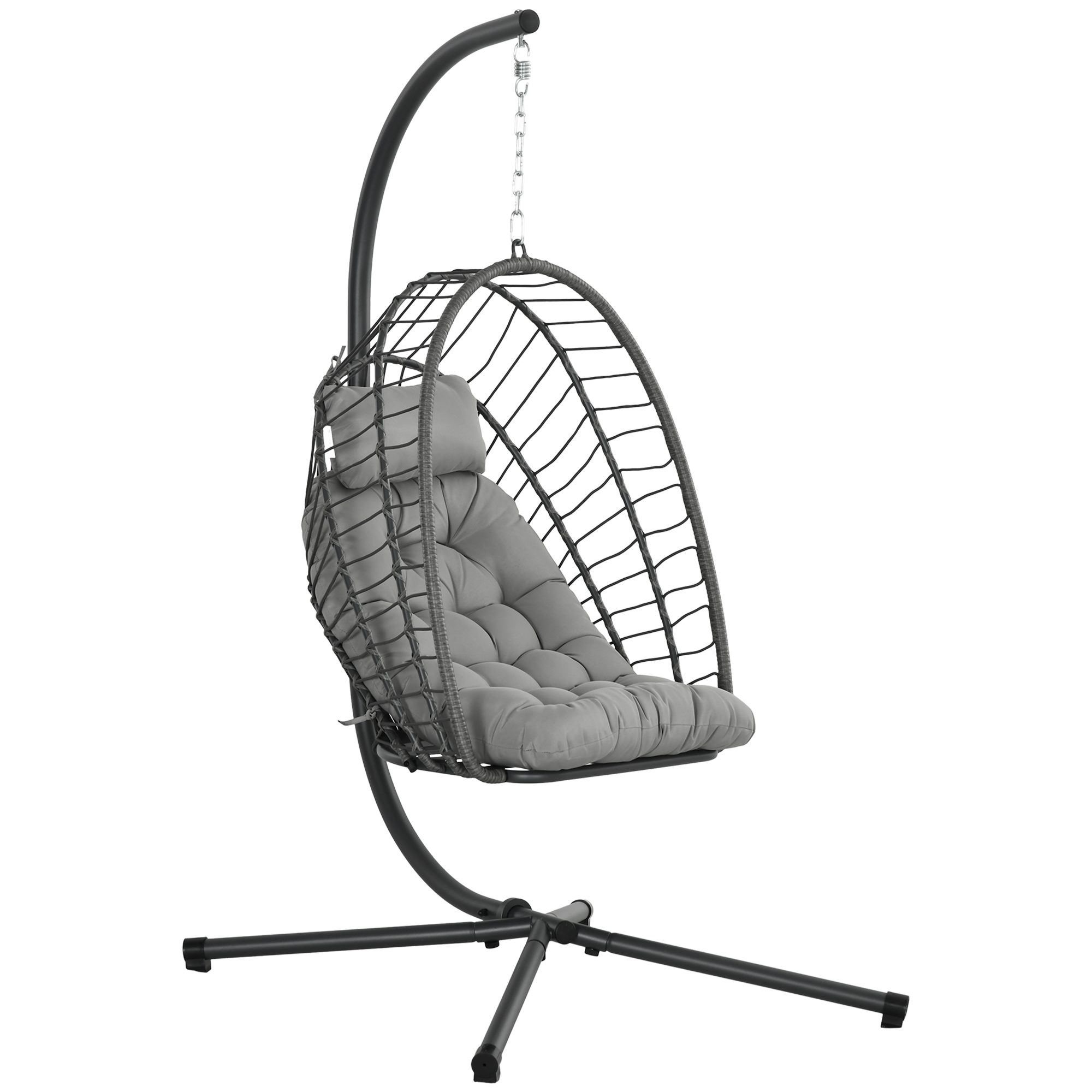 Outdoor PE Rattan Swing Chair with Thick Padded Cushion, Foldable Basket Patio Hanging Chair with Metal Stand, Headrest - Life Essentials