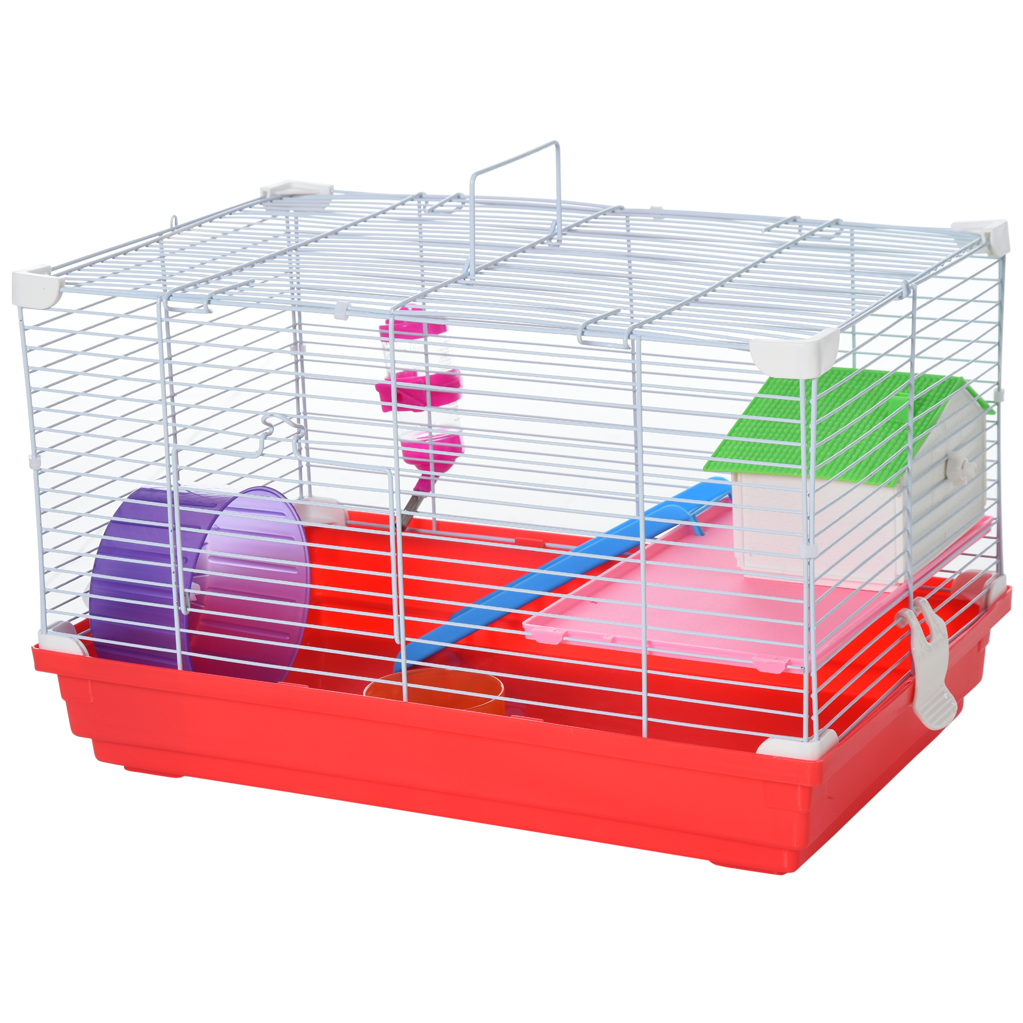 Dwarf Hamster Metal Cage w/ Tunnels Exercise Wheel Water Bottle Dishes Red and White - Life Essentials