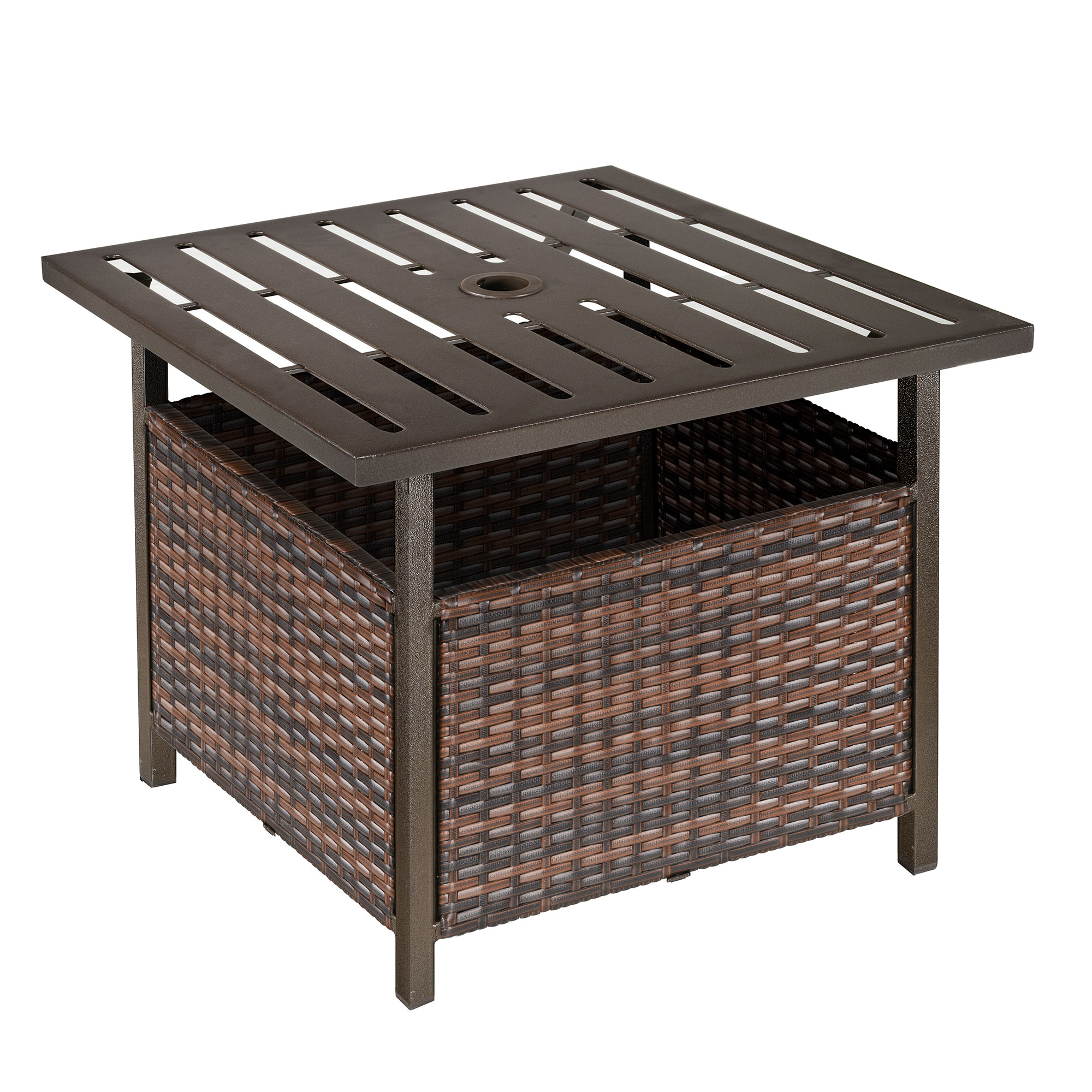 Outdoor Rattan Wicker Patio Coffee Table w/ Umbrella Hole Suitable for Garden Backyard Brown - Life Essentials
