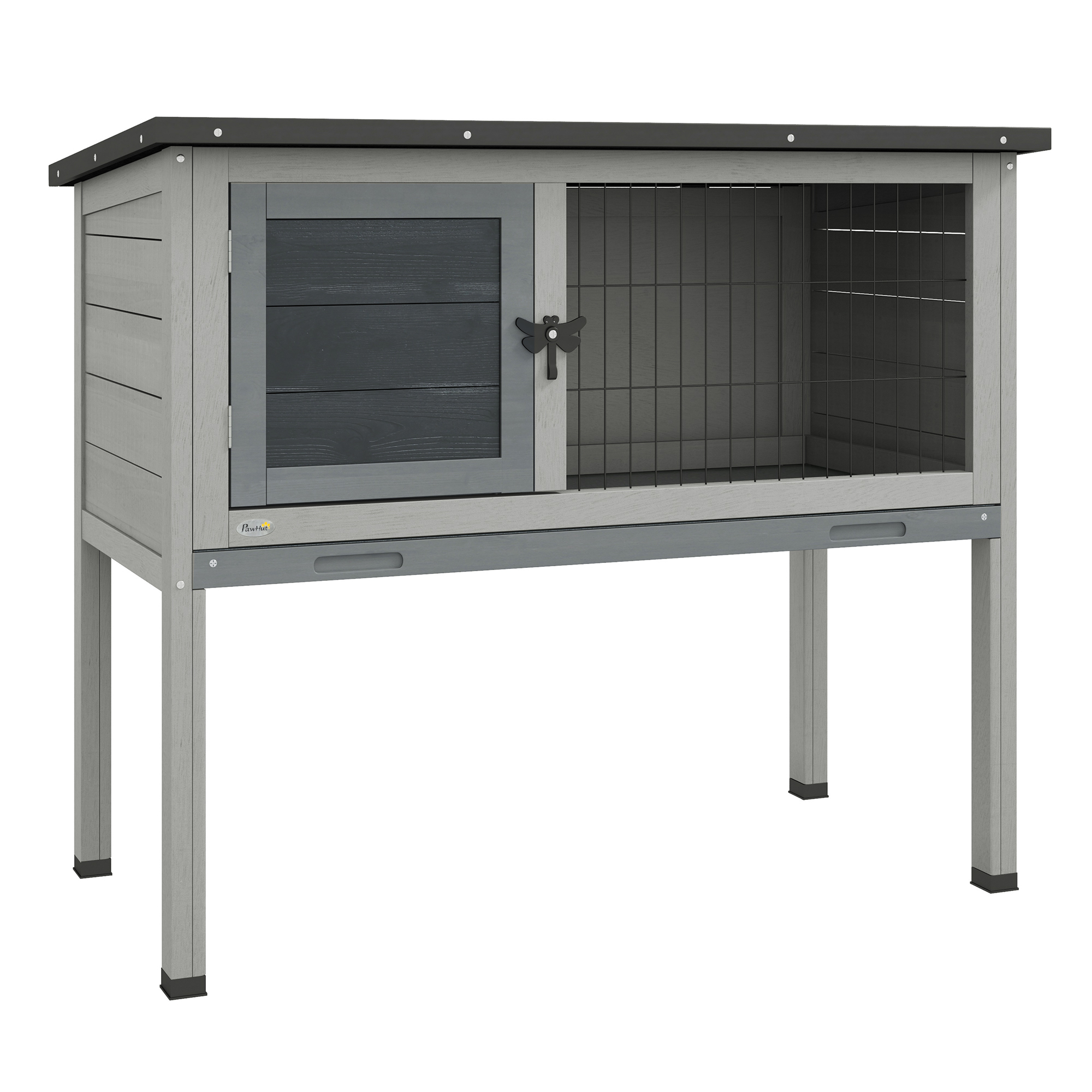 Wooden Rabbit Hutch Guinea Pig Hutch Bunny Cage Garden Built in Tray Openable Asphalt Roof Small Animal House 84 x 43 x 70 cm Grey - Life Essentials