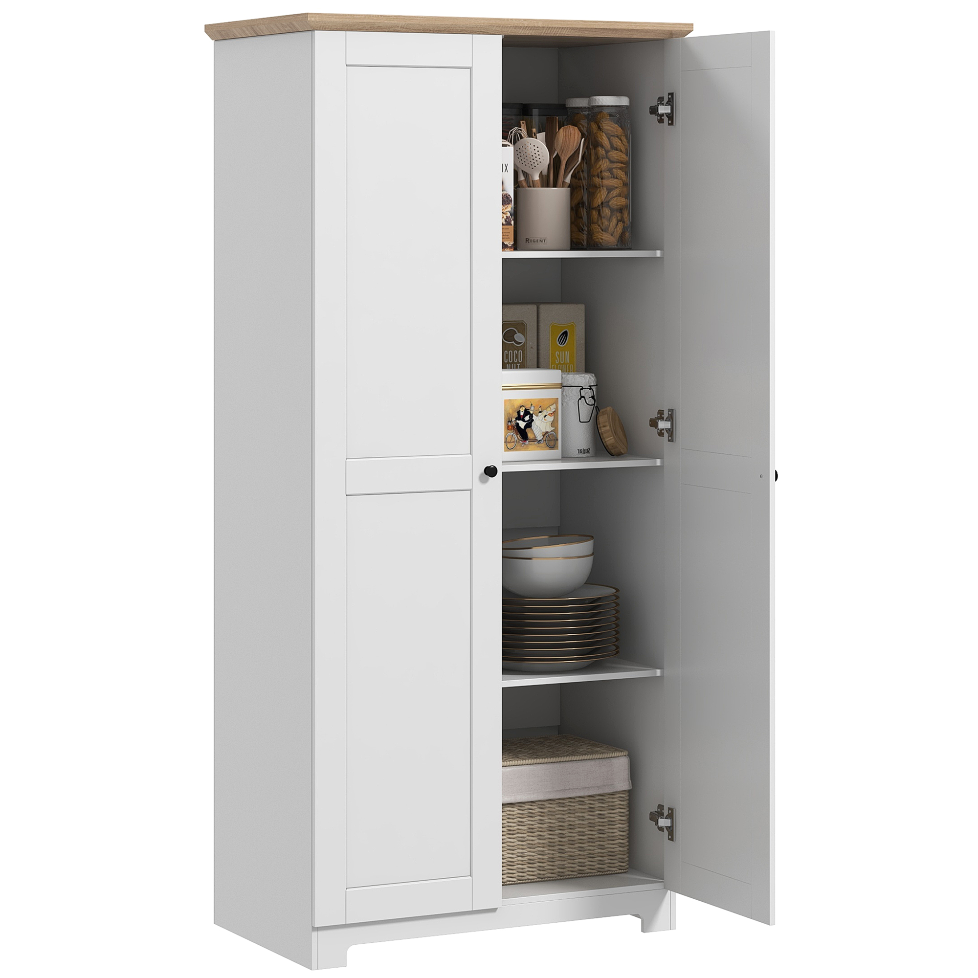172cm Wooden Storage Cabinet Cupboard With 2 Doors 4 Shelves White Pantry Closet - Life Essentials