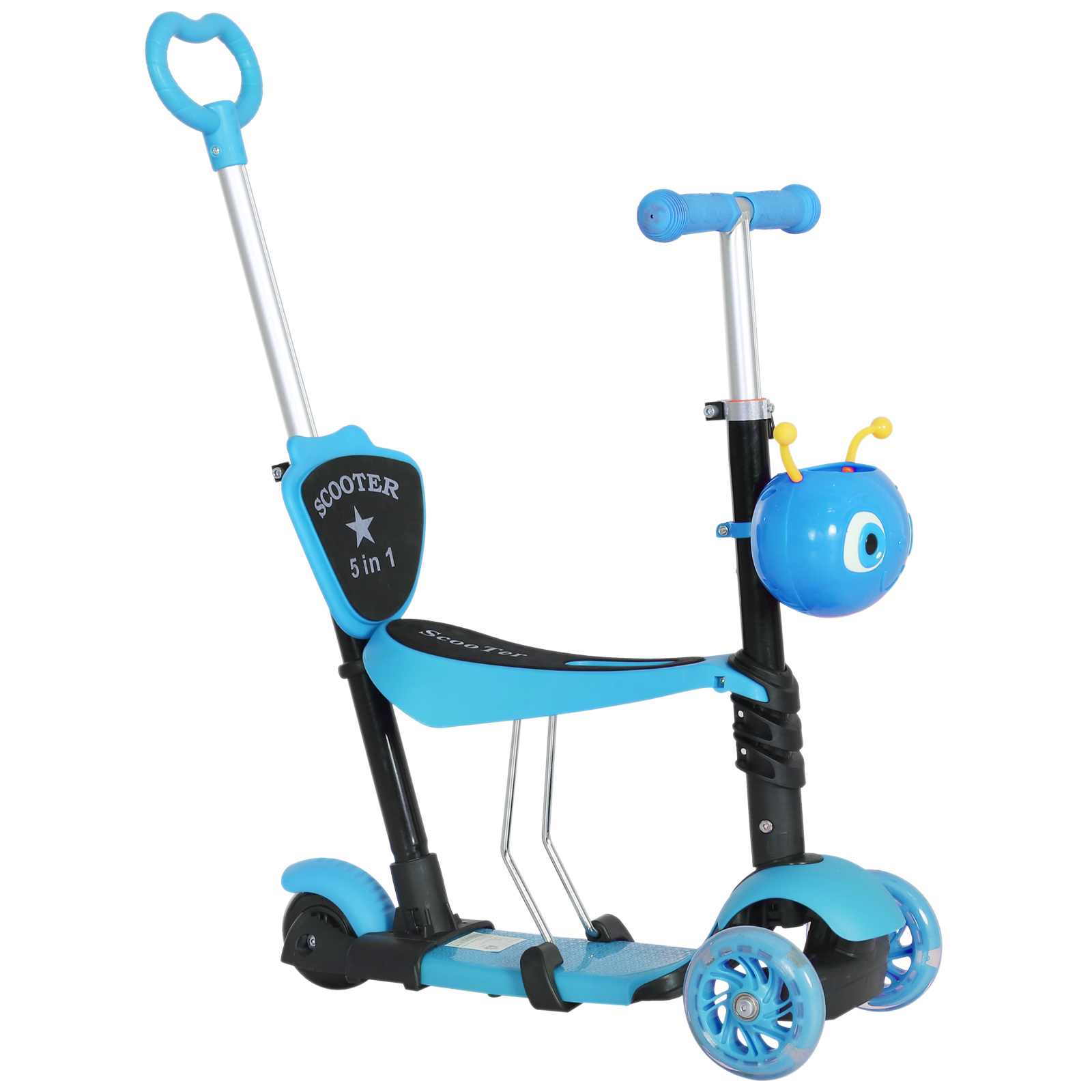 5-in-1 Kids Toddler 3 Wheels Mini Kick Scooter Push Walker with Removable Seat & Back Rest for Girls and Boys Blue - Life Essentials