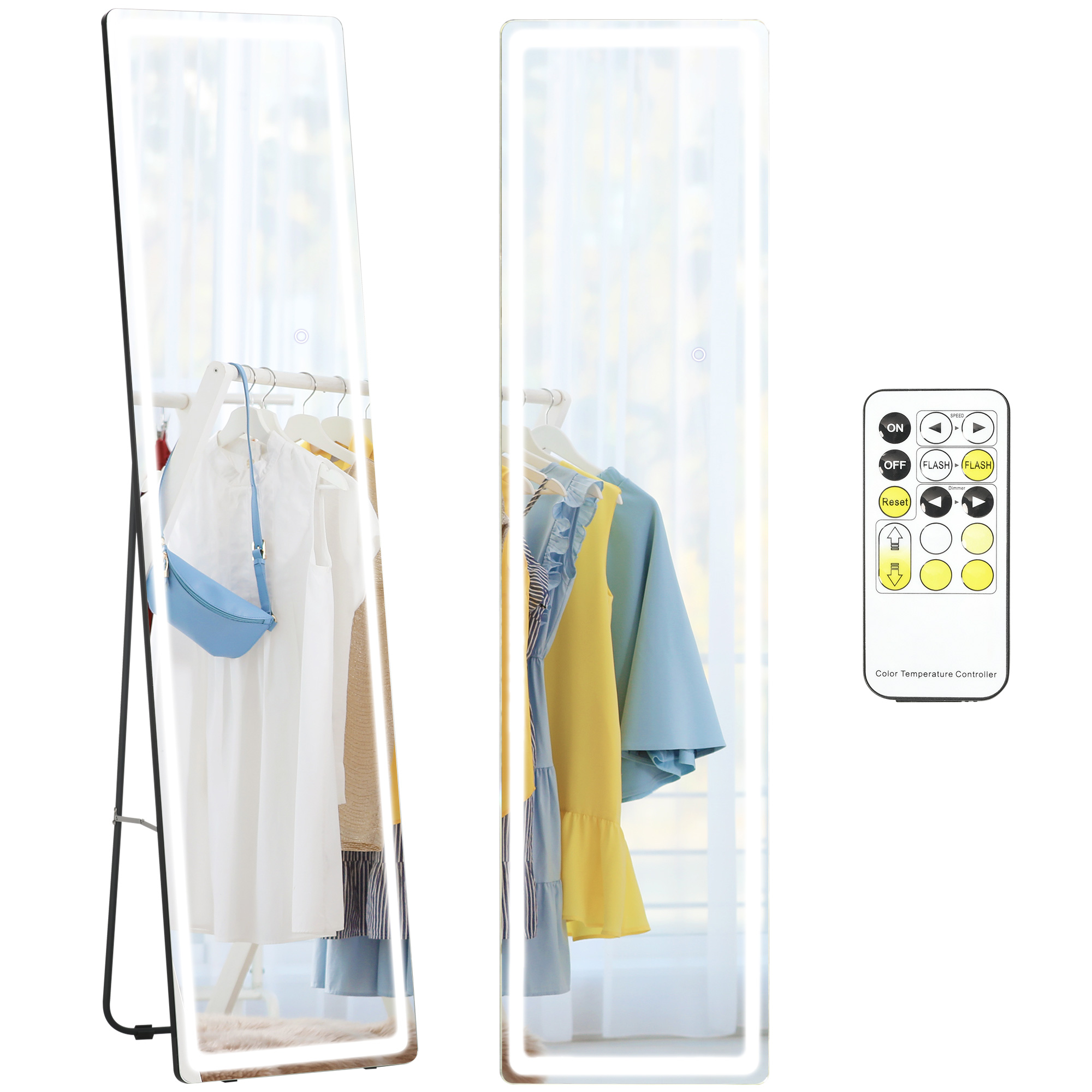 Full-Length Mirror with LED Lights and Remote Control, Freestanding Floor Mirror, Wall Mounted Full Body Mirror for Bedroom - Life Essentials