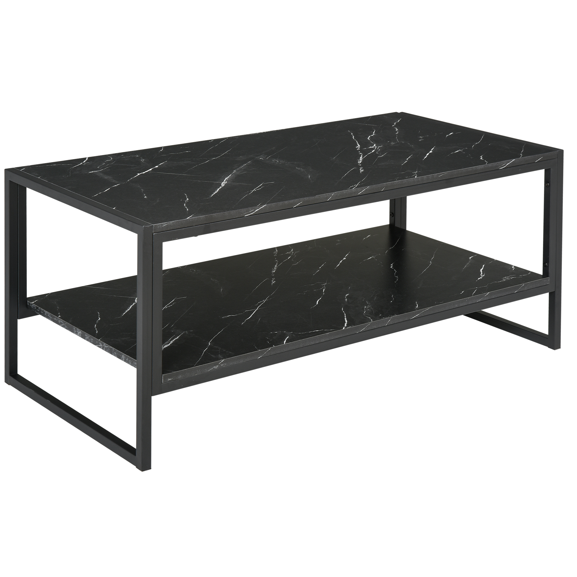 Two-Tier Laminate Marble Print Table Top Coffee Table w/ Metal Frame Foot Pads Elegant Modern Style 2 Shelves Home Display Storage Unit Black - Life 
