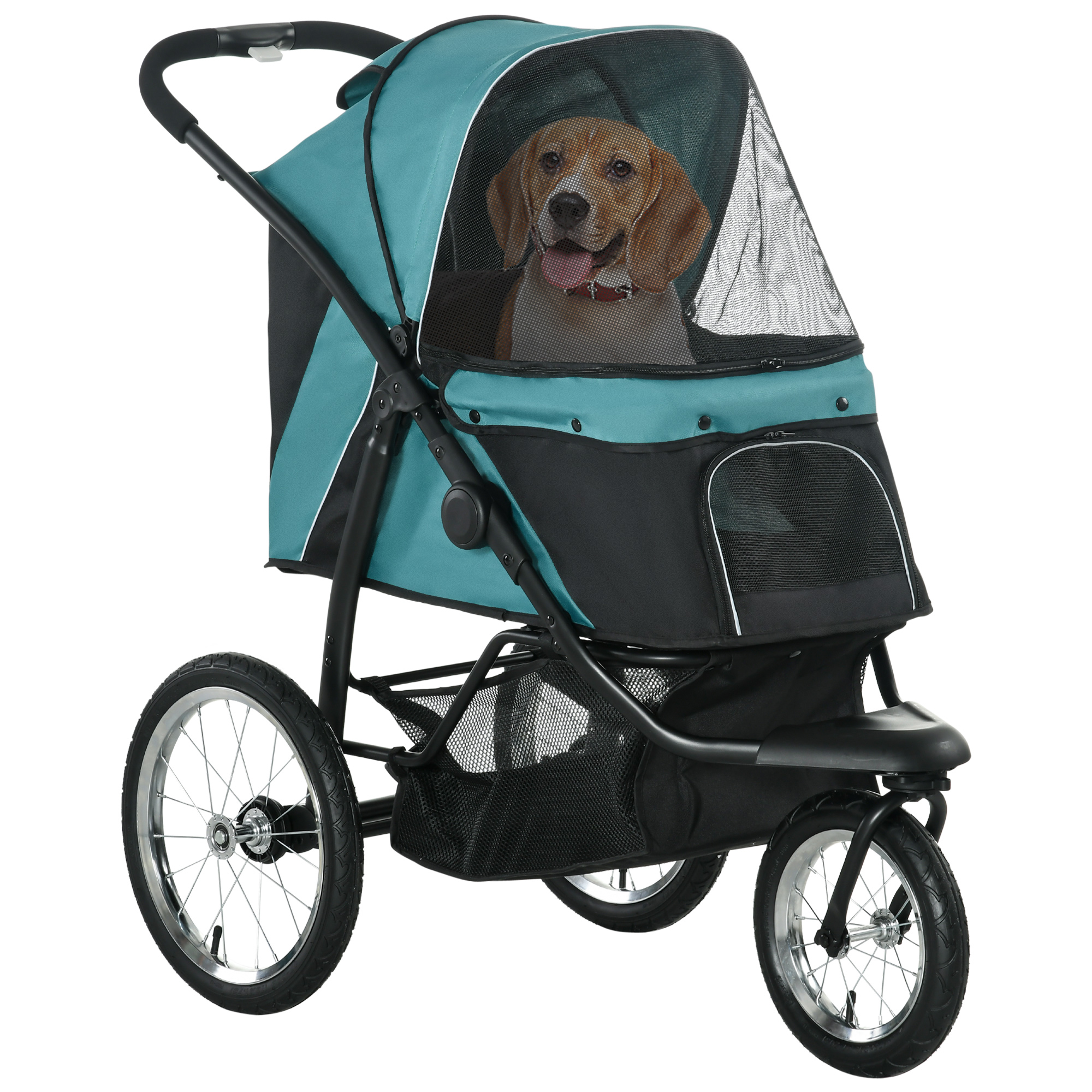 Pet Stroller Jogger for Medium, Small Dogs, Foldable Cat Pram Dog Pushchair w/ Adjustable Canopy, 3 Big Wheels - Dark Green - Life Essentials