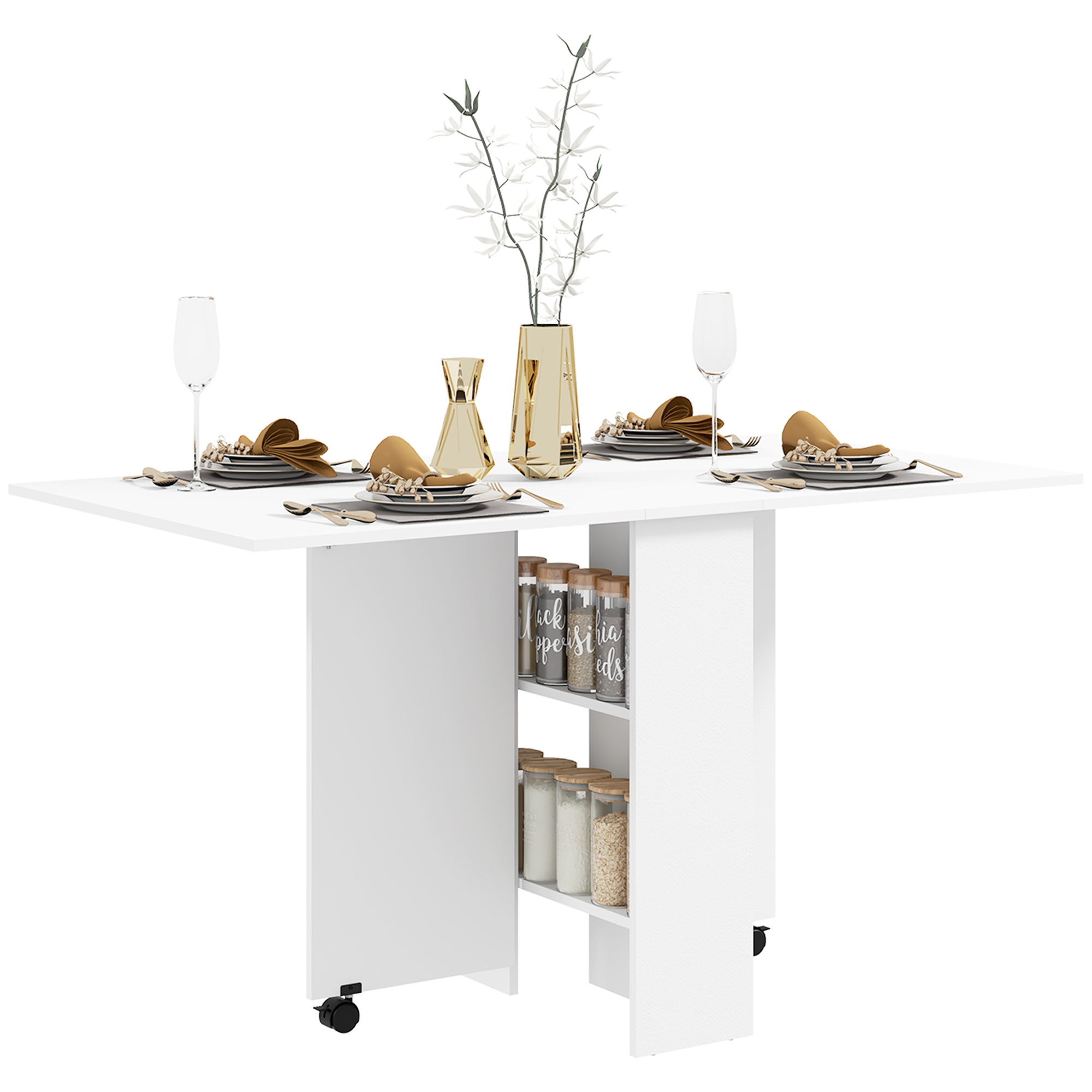 Mobile Drop Leaf Dining Kitchen Table Folding Desk For Small Spaces With 2 Wheels & 2 Storage Shelves White - Life Essentials