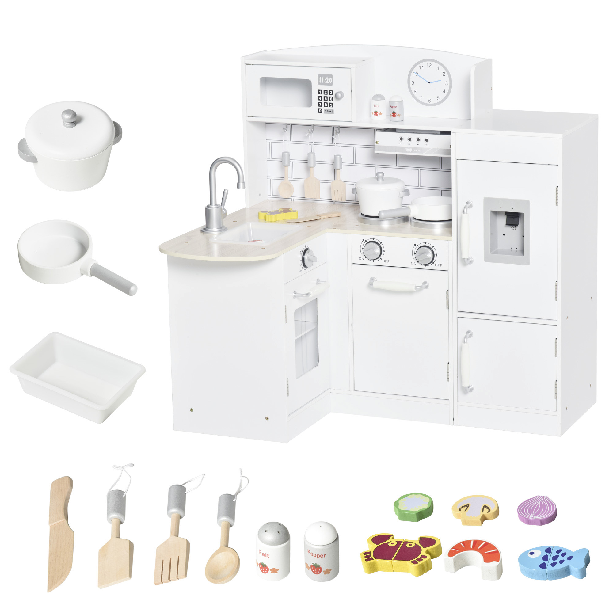 Kids Play Kitchen Wooden Toy Kitchen Cooking Set for Children with Drinking Fountain, Microwave, and Fridge White - Life Essentials