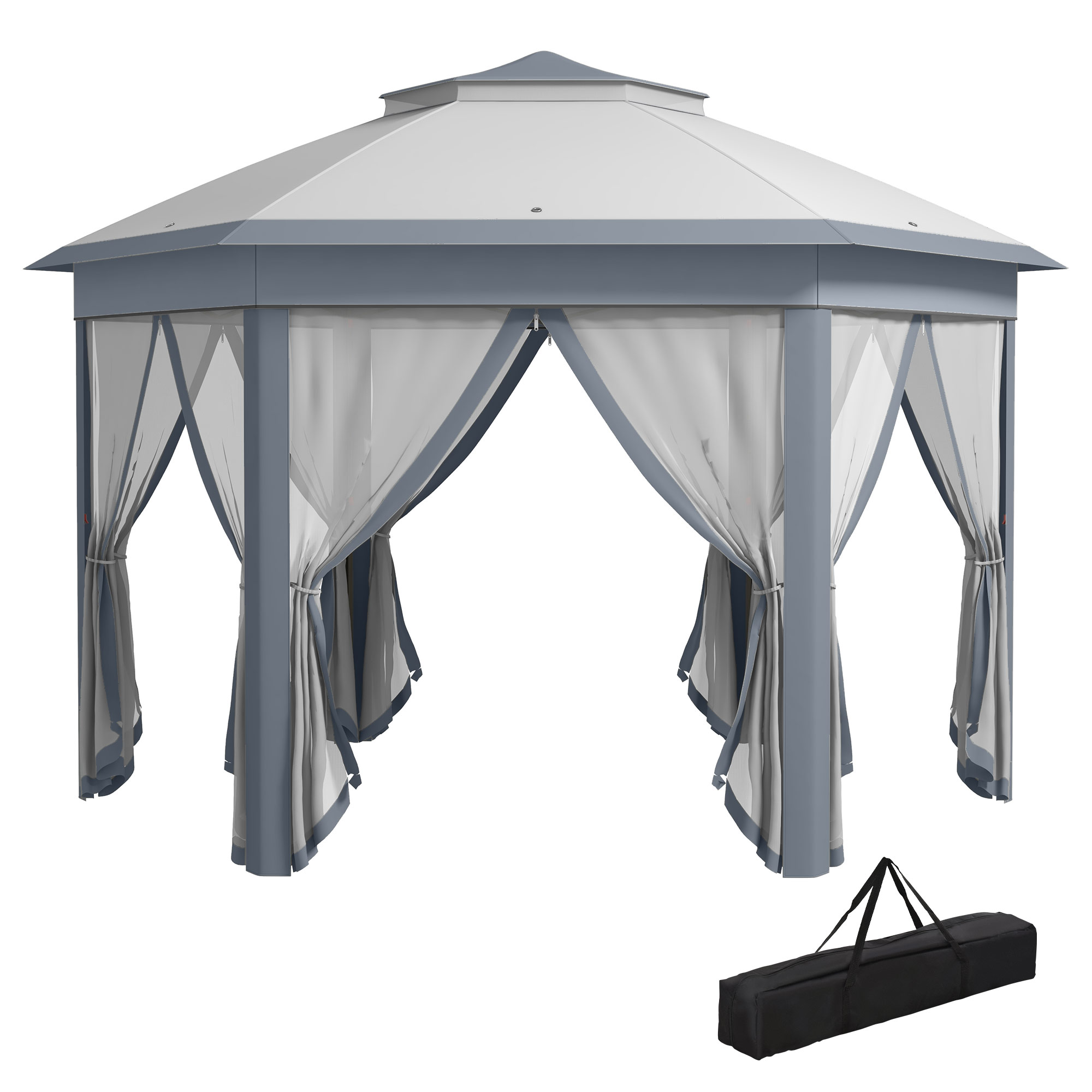 Hexagon Patio Gazebo Pop Up Gazebo Outdoor Double Roof Instant Shelter with Netting, 4m x 4m, Grey - Life Essentials