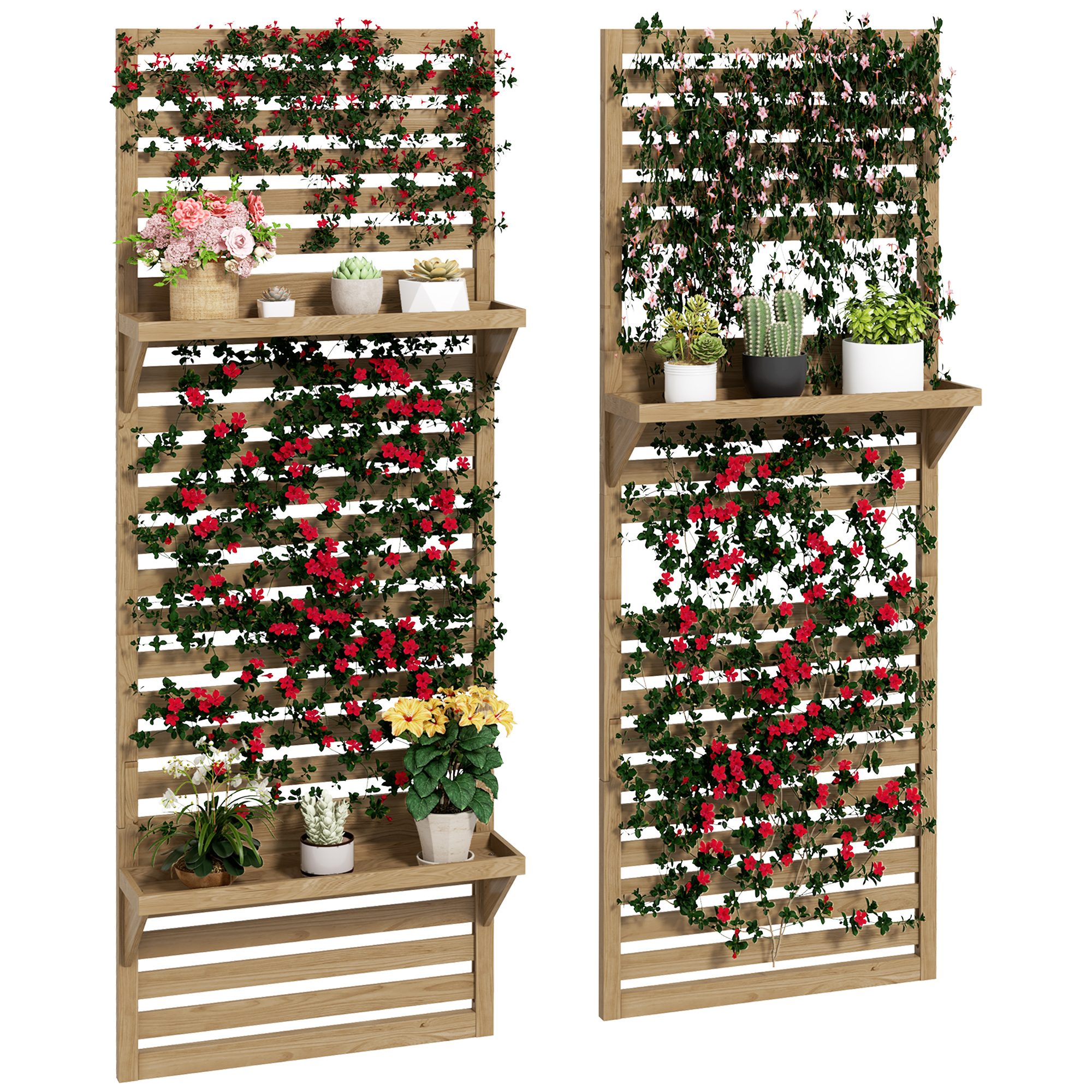 Wall Mounted Plant Stands Set of 2, Fir Wood Flower Stand with Shelves and Slatted Trellis for Patio, Balcony, Porch - Life Essentials