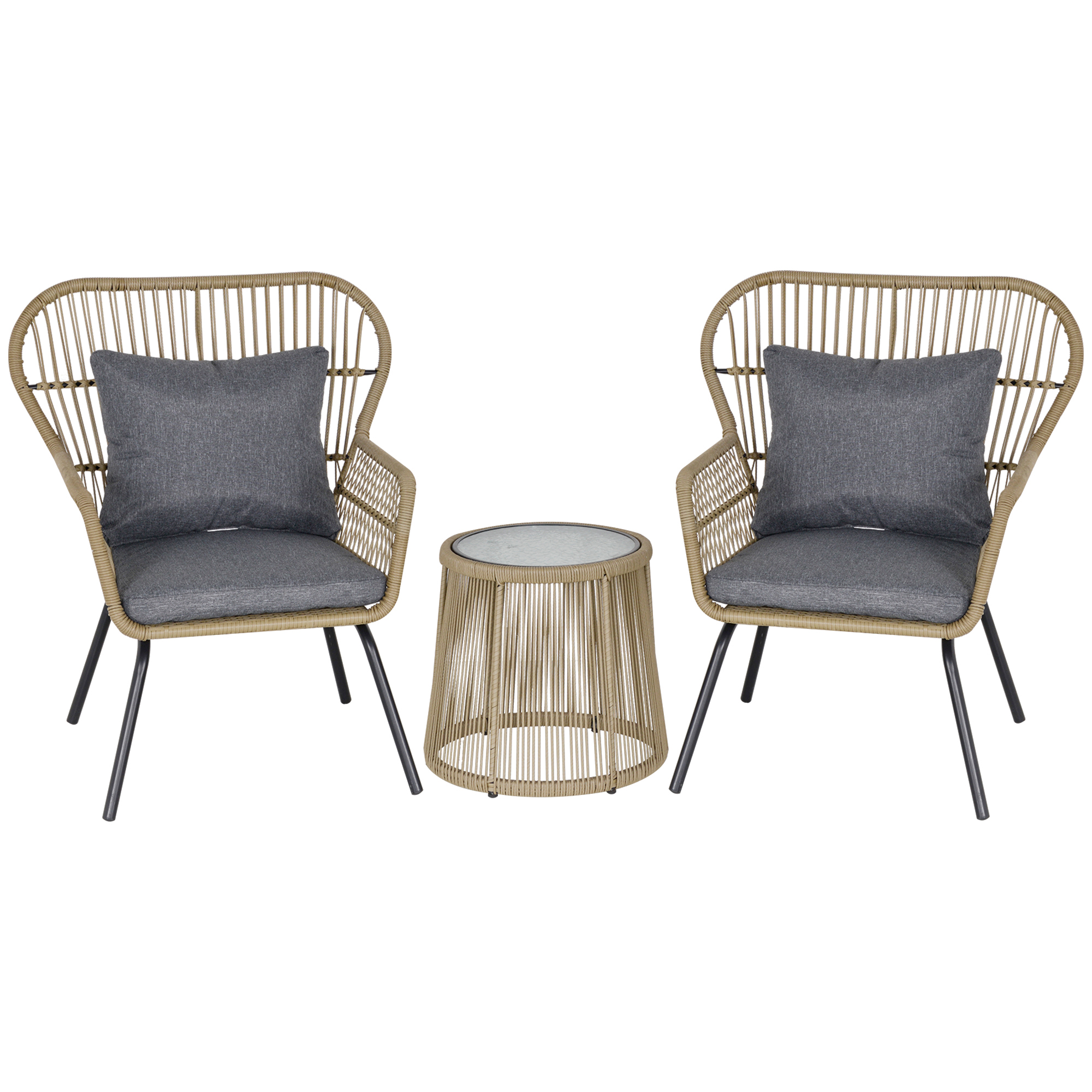 2 Seater Outdoor Patio Bistro Set, Wicker Rattan Furniture 2 Chairs 1 Coffee Table with Metal Legs for Garden, Backyard, Deck, Coffee - Life 