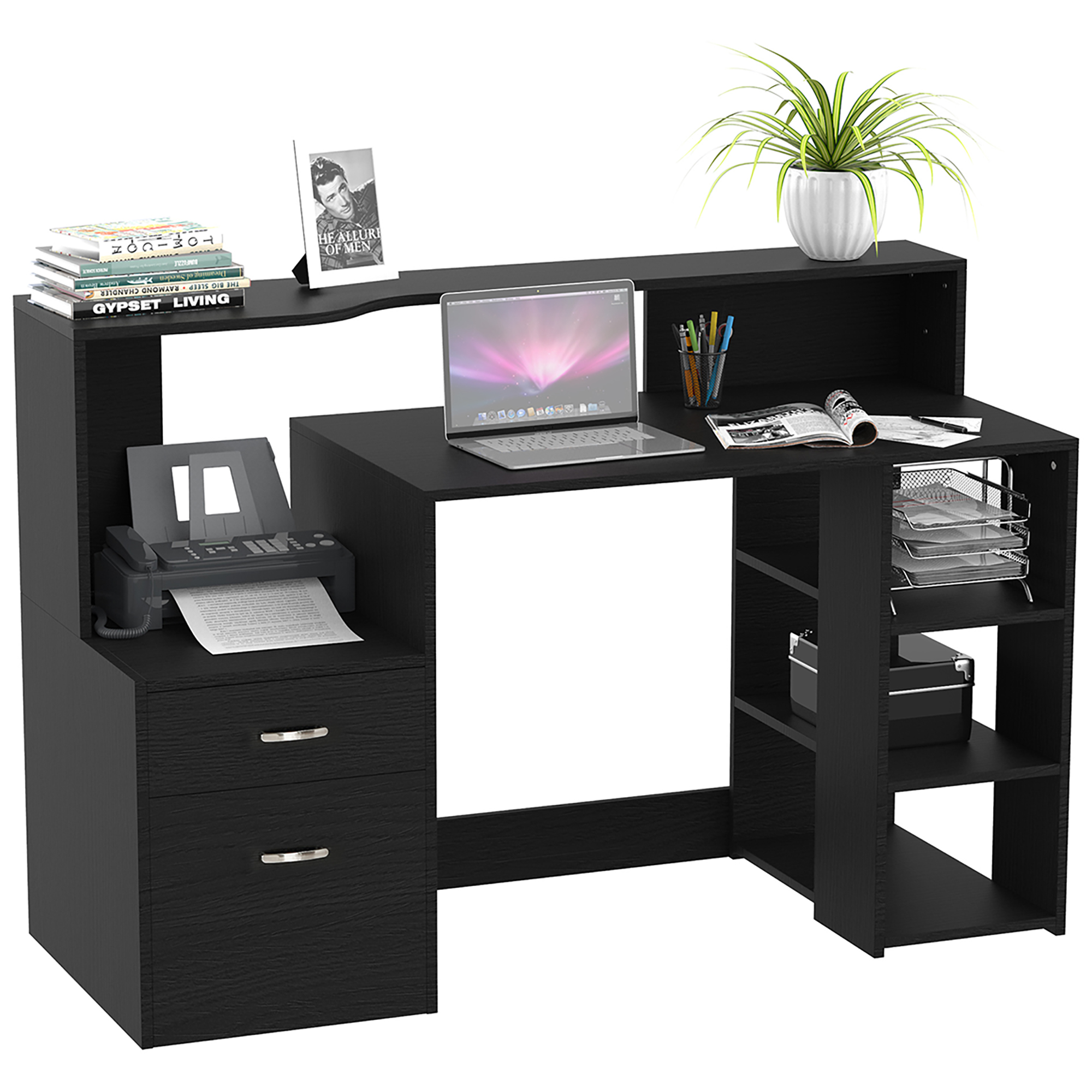 Computer Desk PC Table Modern Home Office Writing Workstation Furniture Printer Shelf Rack w/ Storage Drawer & Shelves (BLACK) - Life Essentials