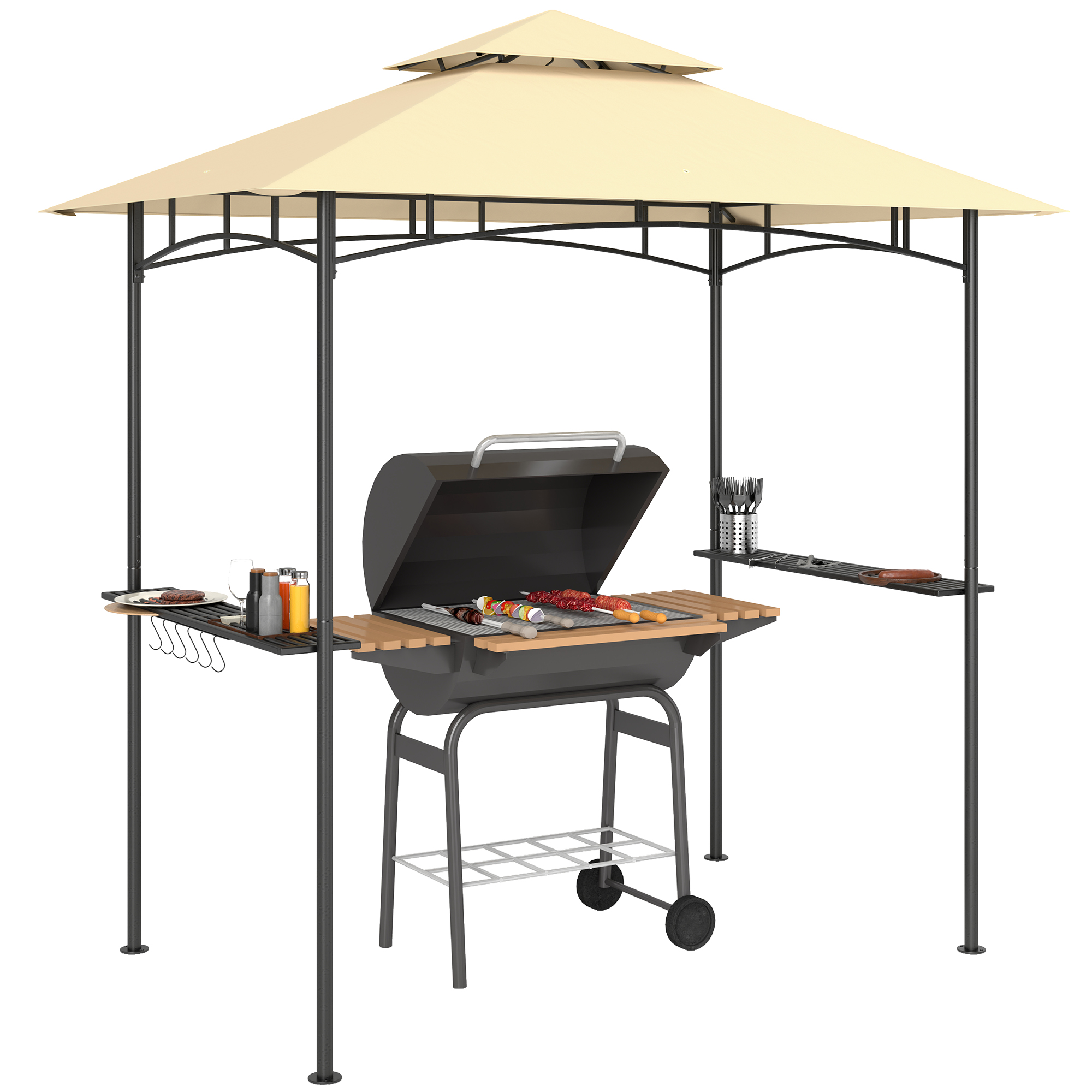 SUNVISTA 8' x 5' Grill Gazebo, Double Tiered BBQ Gazebo Shelter Canopy with LED Lights, 2 Side Shelves, Hooks, Beige - Life Essentials