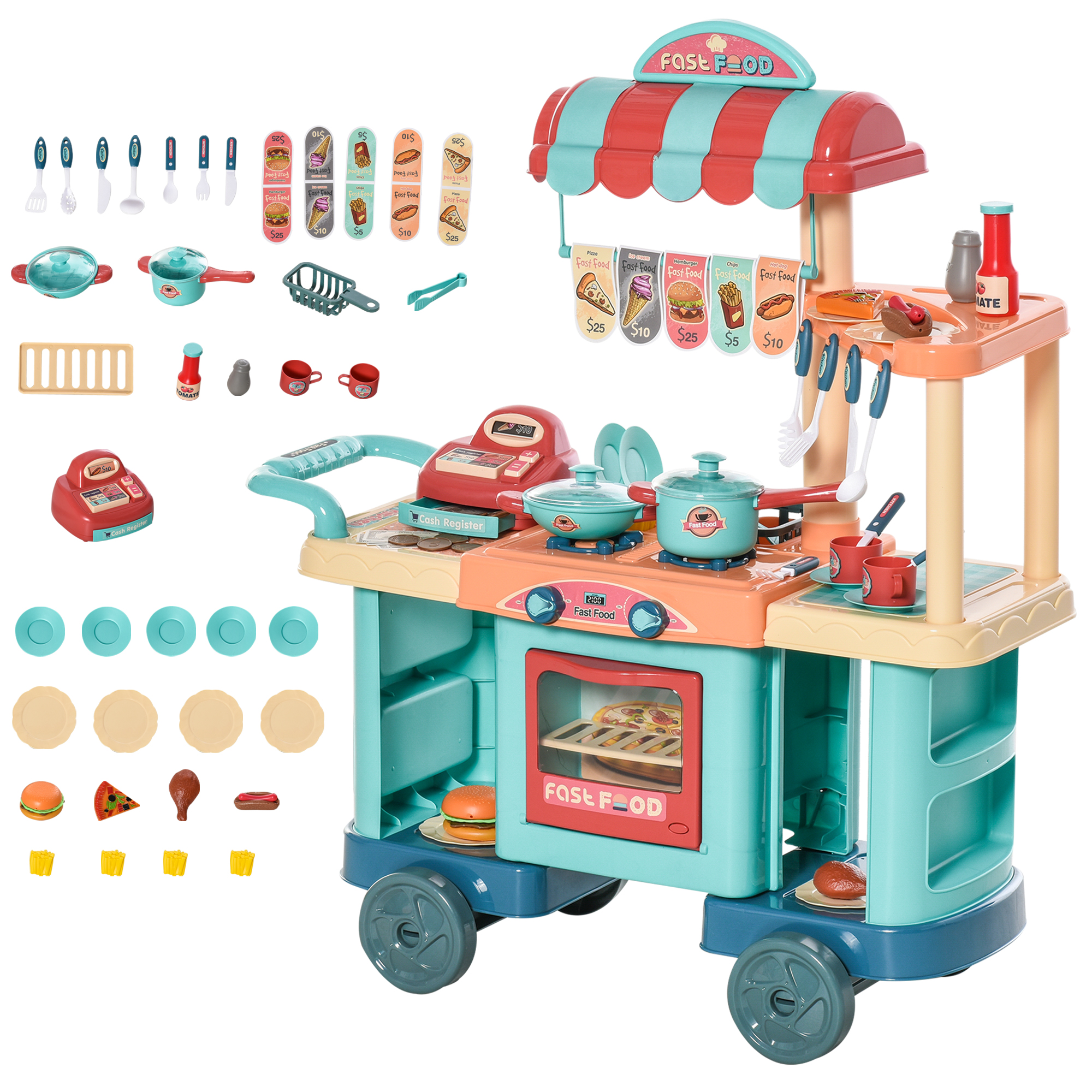 50 Pcs Kids Kitchen Play set Fast Food Trolley Cart Pretend Playset Toys with Play Food Money Cash Register Accessories Gift for Kids Age 3-6 - Life 
