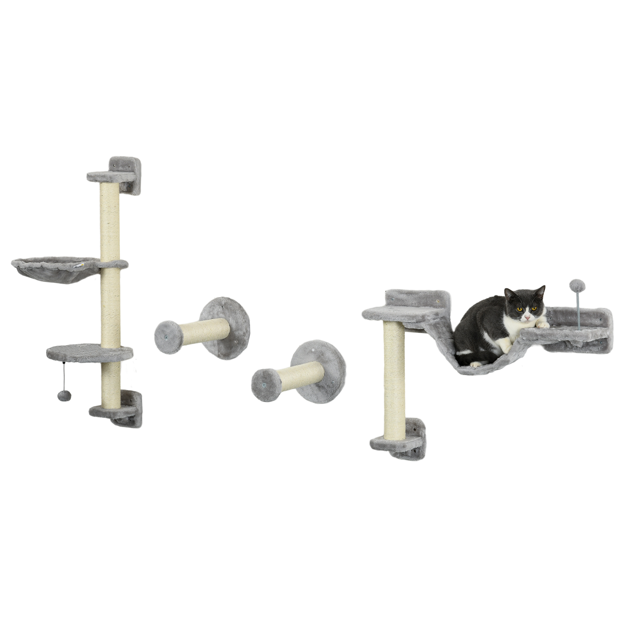 Four-Piece Cat Wall Furniture with Hammock, Perches, Ladder, Scratching Post, Grey - Life Essentials