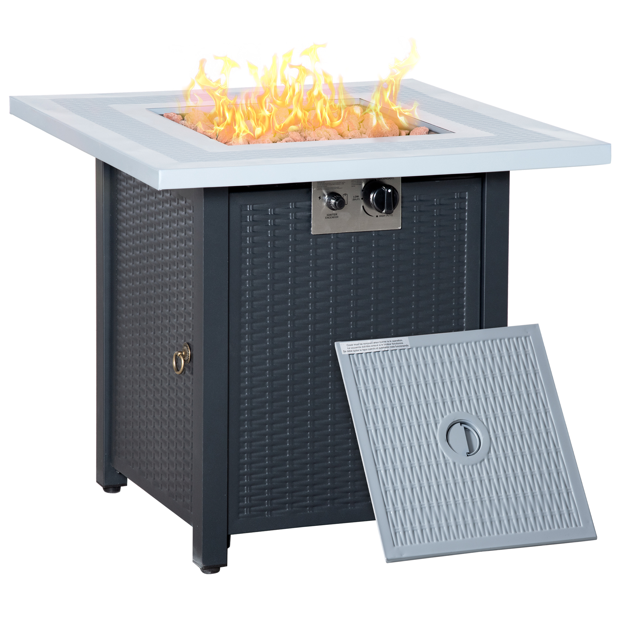 Square Propane Gas Fire Pit Table, 40000 BTU Rattan Smokeless Firepit Patio Heater with Lava Rocks and Lid, 71cm x 71cm x 62cm, Black - Life 