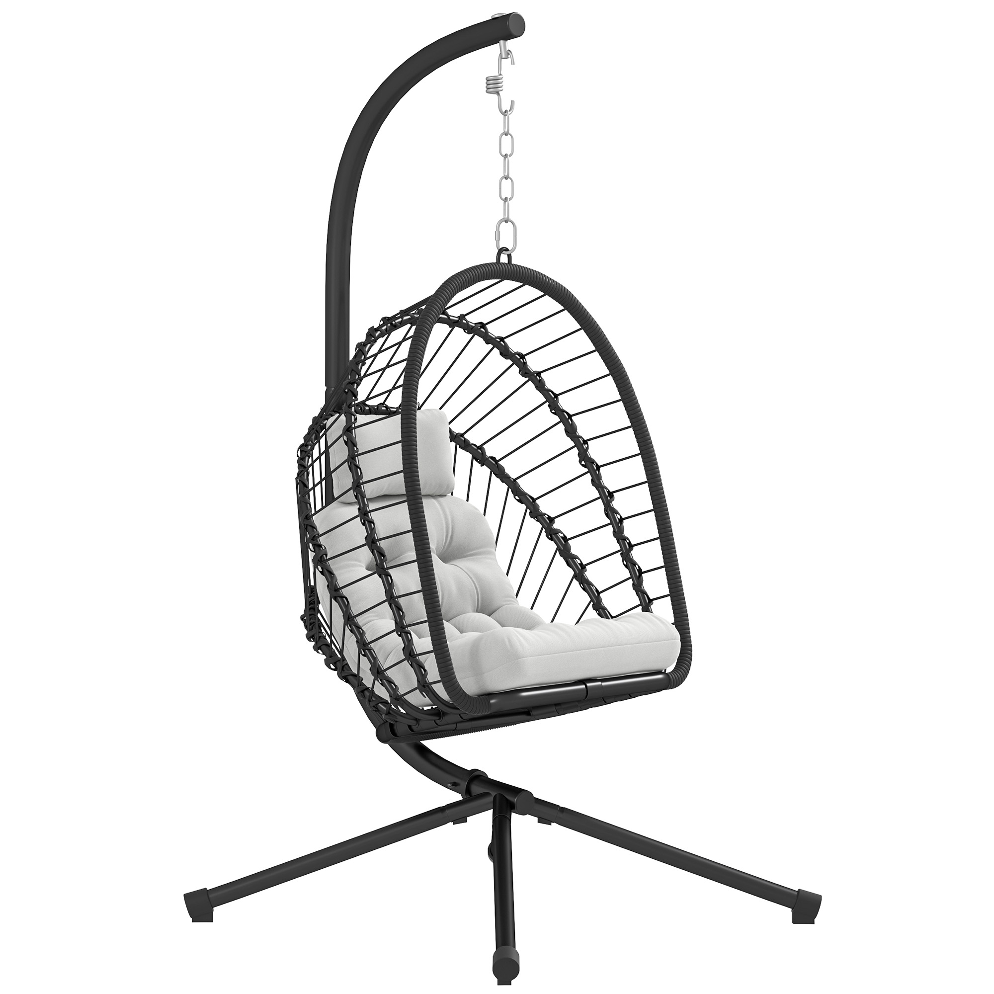 SUNVISTA Outdoor PE Rattan Swing Chair with Cushion, Garden Foldable Basket Patio Hanging Egg Chair with Metal Stand, Black - Life Essentials