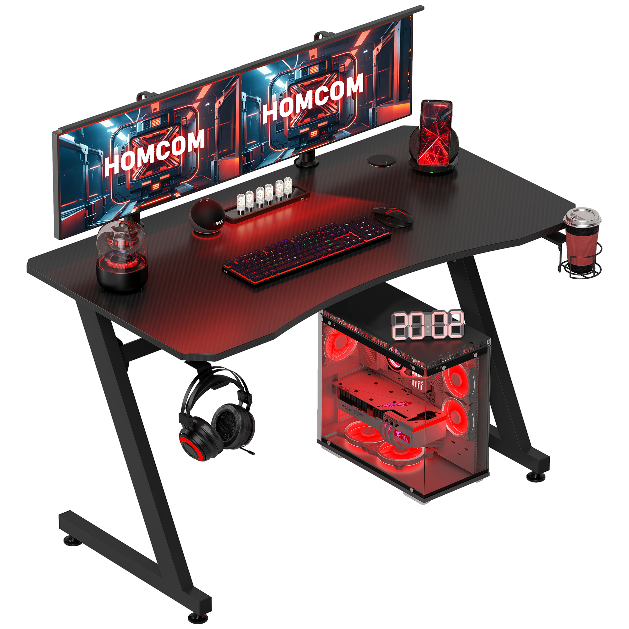 Gaming Desk Steel Frame with Cup Holder, Headphone Hook, Adjustable Feet and Cable Organiser, Home Office Computer Table, Black - Life Essentials