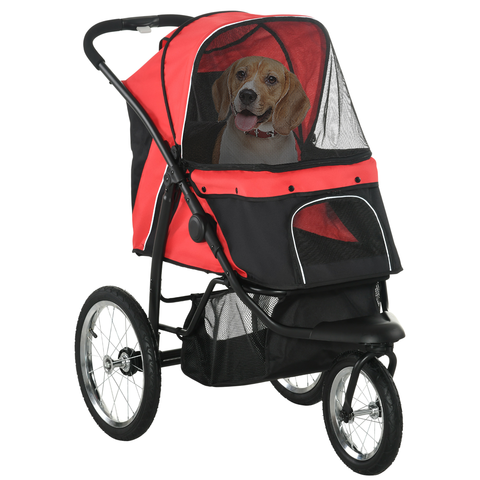 Pet Stroller Jogger for Medium, Small Dogs, Foldable Cat Pram Dog Pushchair w/ Adjustable Canopy, 3 Big Wheels - Red - Life Essentials