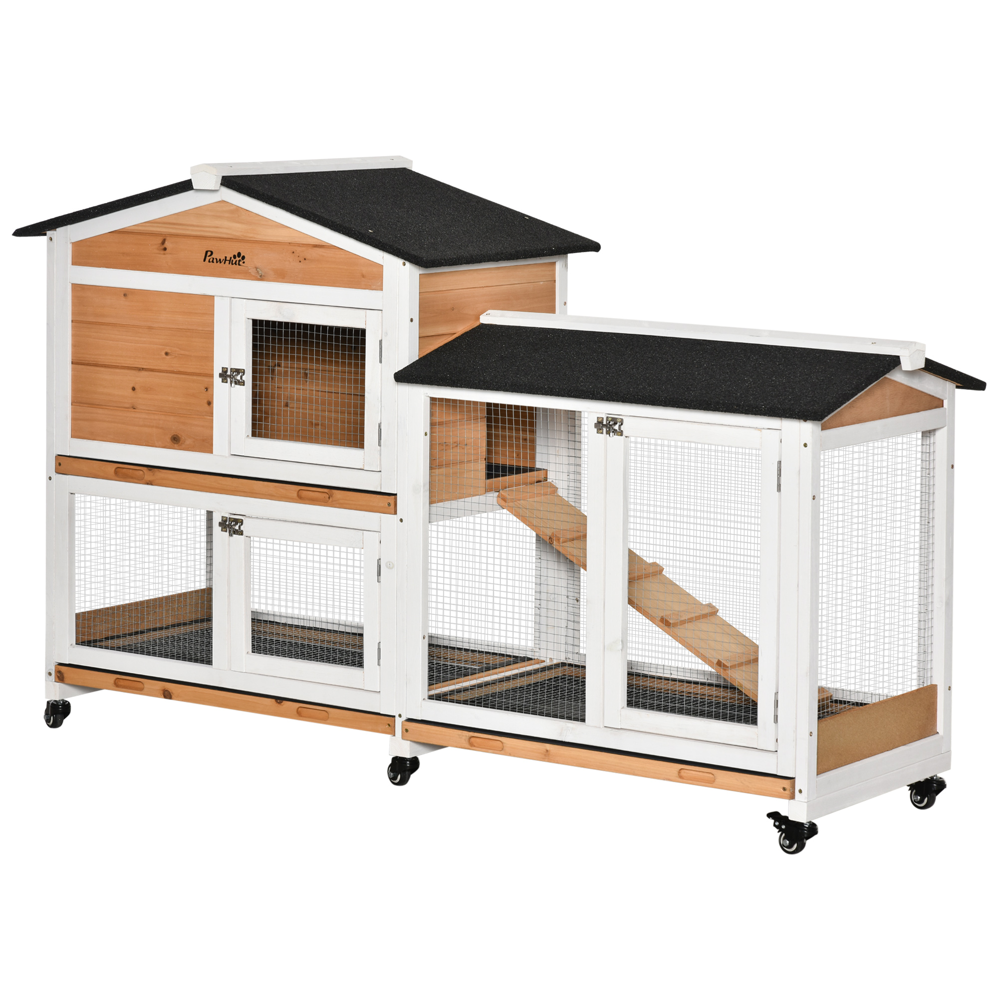 Two-Tier Wooden Rabbit Hutch Mobile Guinea Pig Cage Bunny Run w/ Wheels, Run, Slide-Out Tray, Ramp - Life Essentials