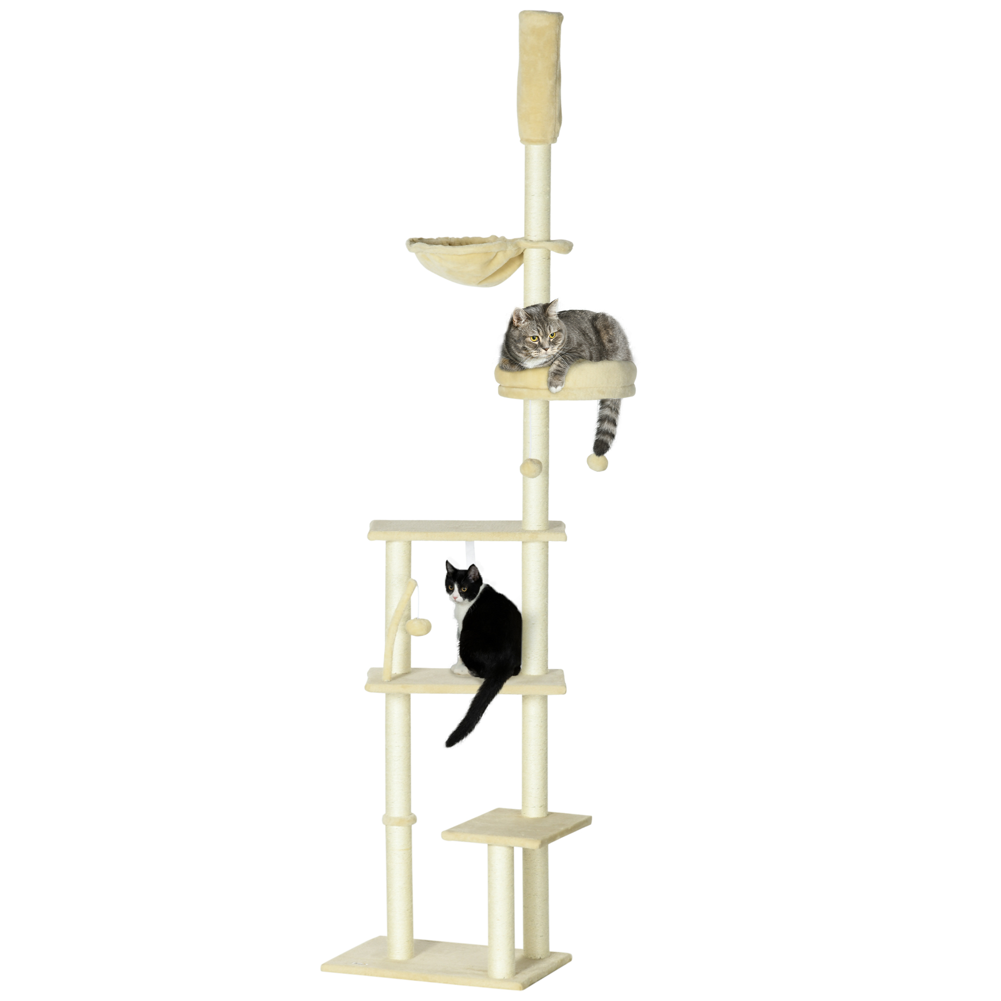 Floor to Ceiling Cat Tree, 6-Tier Play Tower Climbing Activity Center w/ Scratching Post, Platforms, Adjustable Height, Beige - Life Essentials