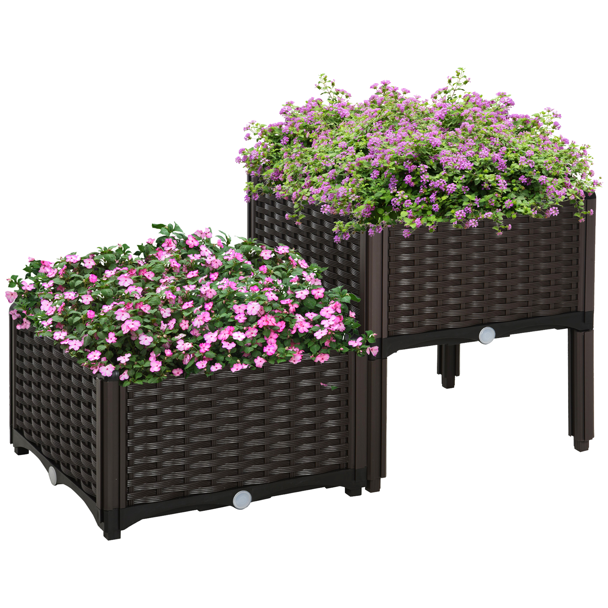 Set of 2 Garden Raised Bed Elevated Patio Flower Plant Planter Box PP Vegetables Planting Container, Brown - Life Essentials