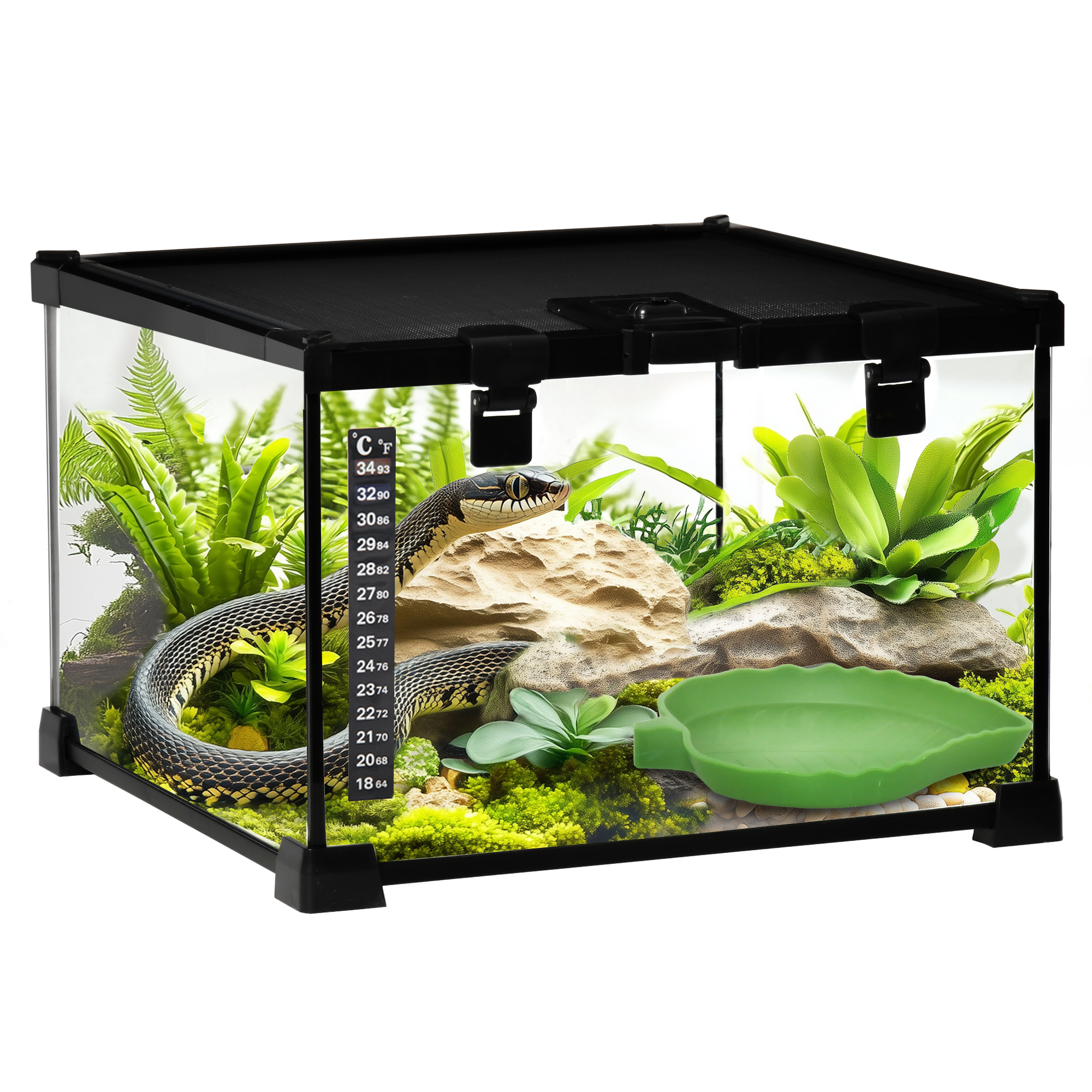 30 x 30 x 20 cm Reptile Glass Terrarium, Reptile Breeding Tank, Climbing pet Glass Containers, Arboreal Box, with Strip Patch Thermometer-Black - Life