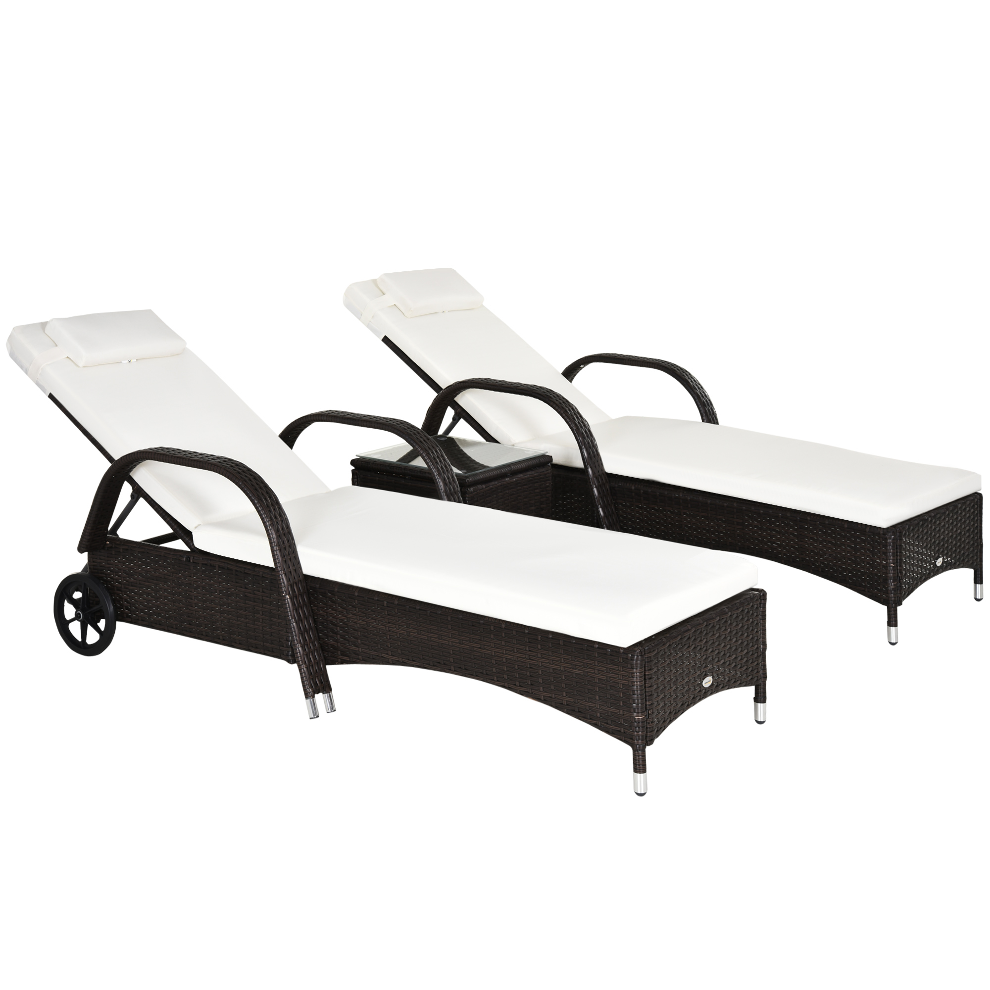 3 Pieces Patio Lounge Chair Set, Garden Wicker Wheeling Recliner Outdoor Daybed, PE Rattan Lounge Chairs w/Cushions & Side Coffee Table Brown - Life 