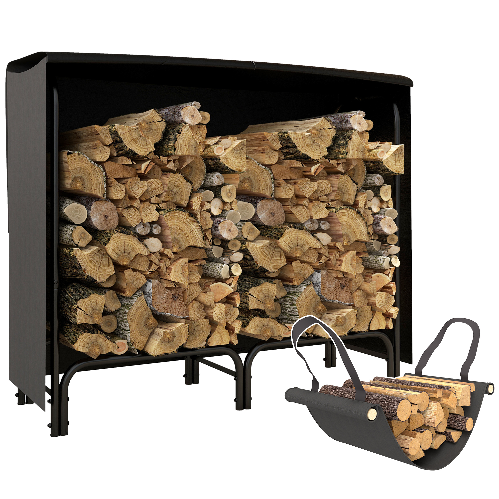 Jones Firewood Rack with Canvas Carrier Bag and Waterproof Cover - Black - Life Essentials