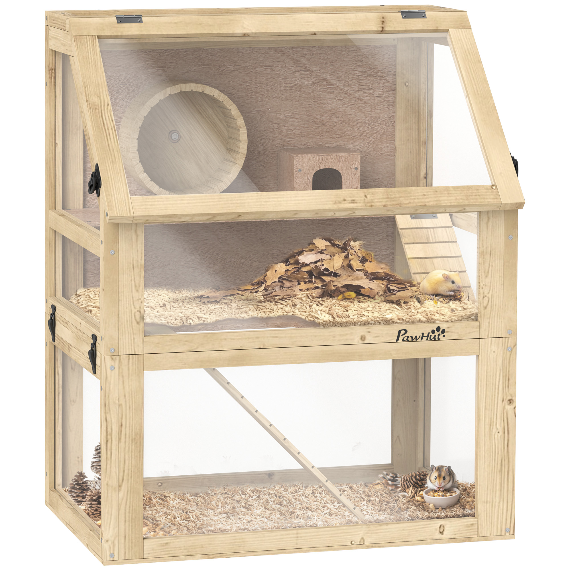 PAWSTER Wooden Hamster Cage with Detachable 32cm Deep Bottom, Hut, Seesaw, Exercise Wheel, Ramps, 60 x 40 x 75cm - Life Essentials