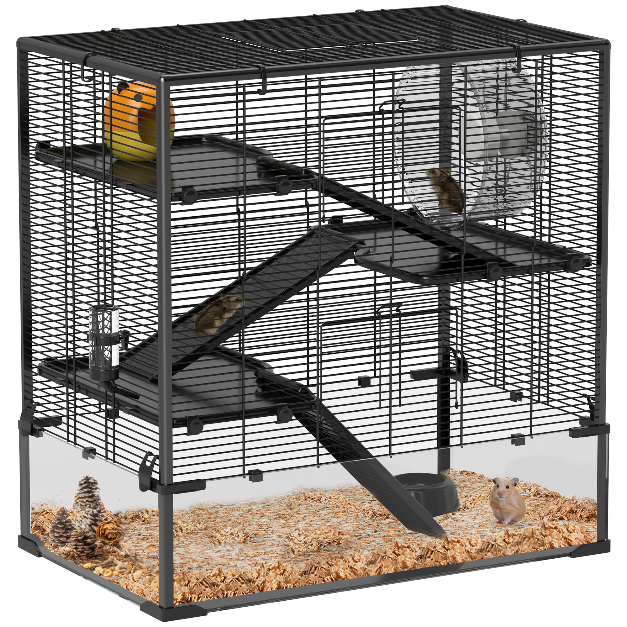 PAWSTER 4 Tiers Hamster Cage with Deep Tempered Glass Bottom, Hut, Running Wheel, Food Dish, Water Bottle, 78.5 x 48.5 x 80cm - Life Essentials